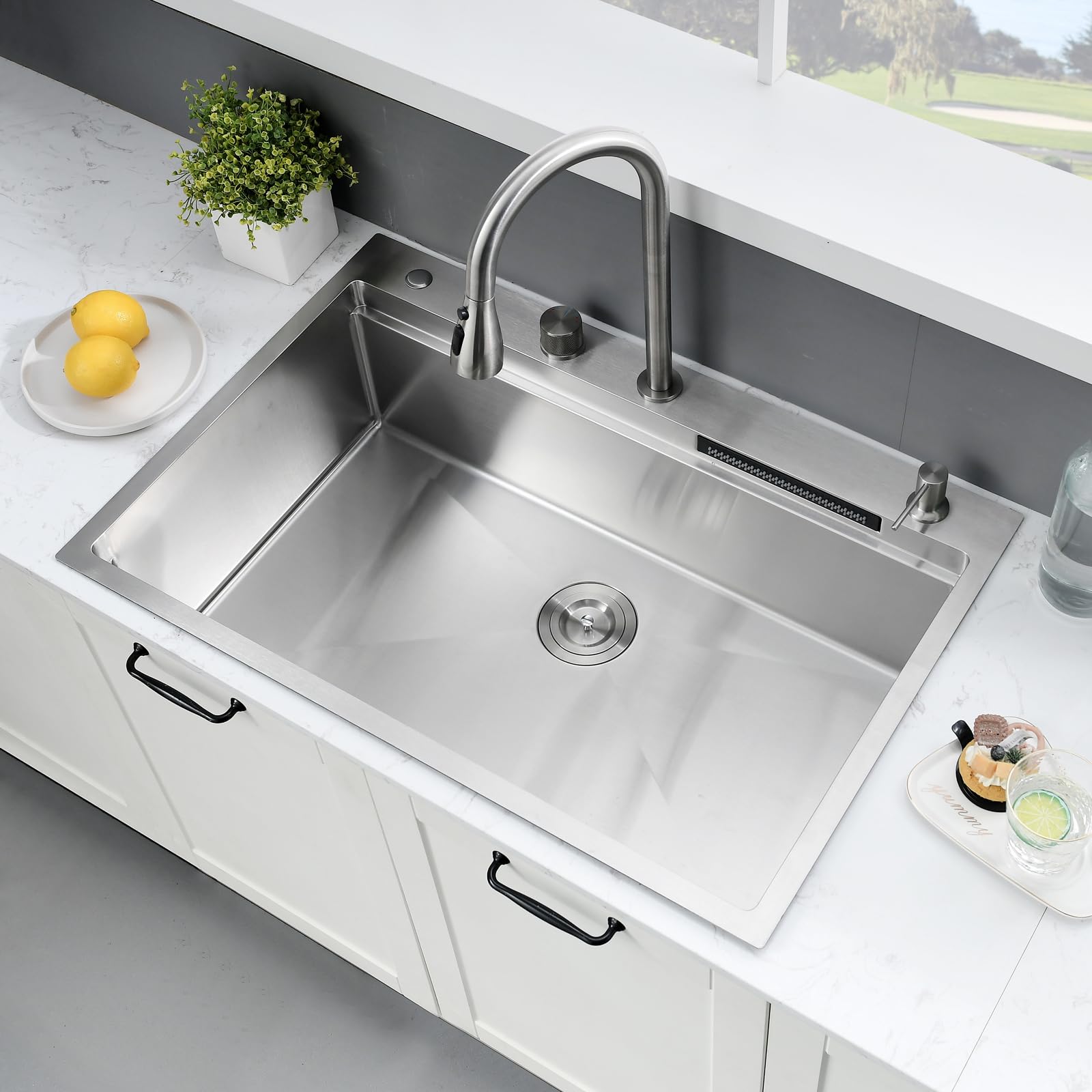 33X22 Drop In Waterfall Kitchen Sink Workstation-Somrxo Waterfall Kitchen Sink 33X22 Drop In Kitchen Sink With Waterfall Stainle