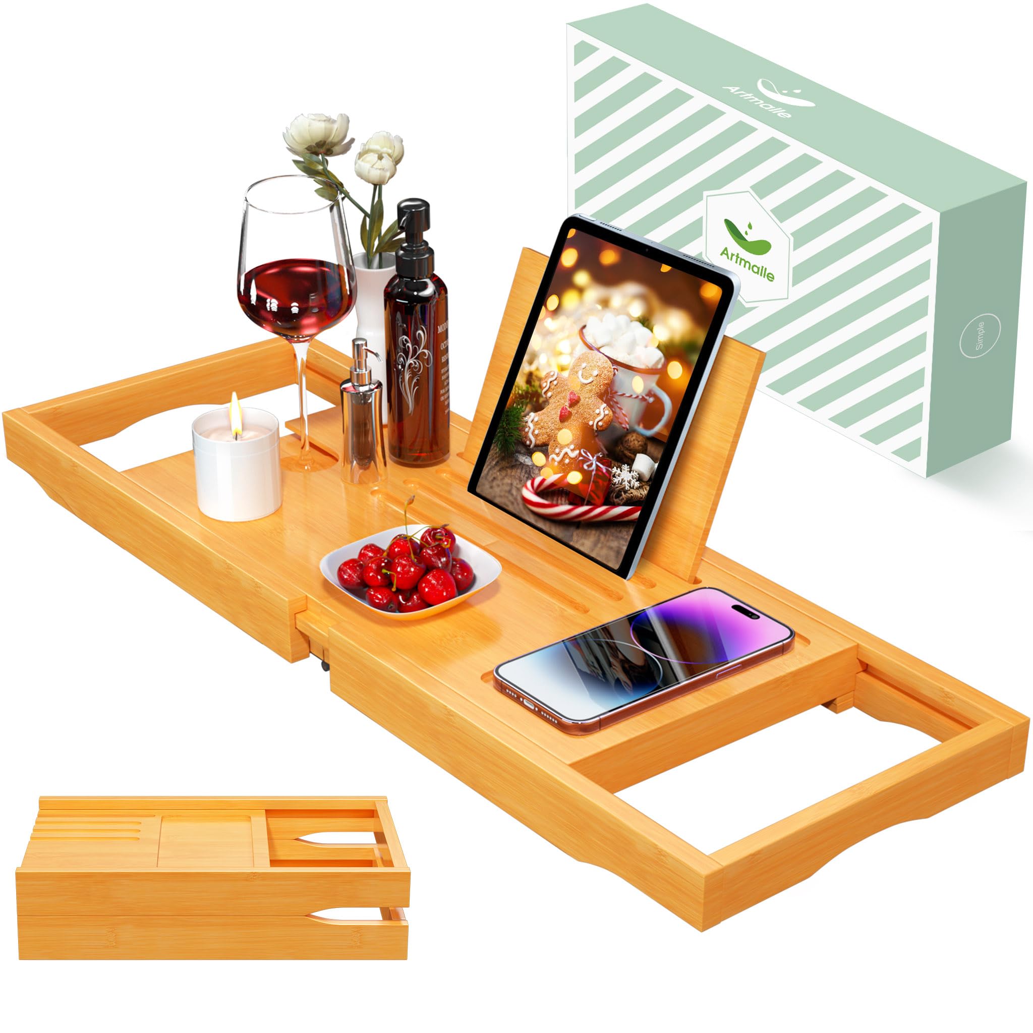 Artmalle Bathtub Caddy Tray For Tub, Expandable Bamboo Bath Table Tray With Book Stand For Home Spa Relaxing, Foldable Minimalis