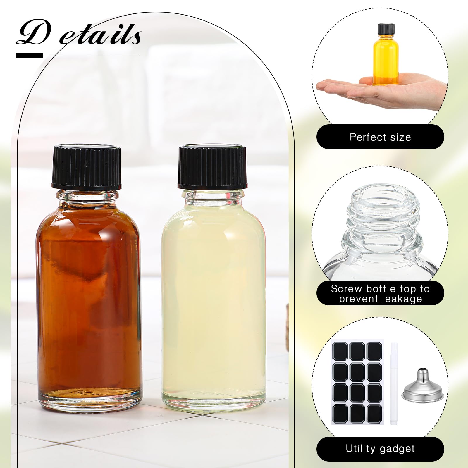 Hsei 72 Pcs 1 Oz Glass Bottle With Black Cap Clear Sample Boston Round Bottle Small Glass Containers With Lids 1 Ounce Bottles W