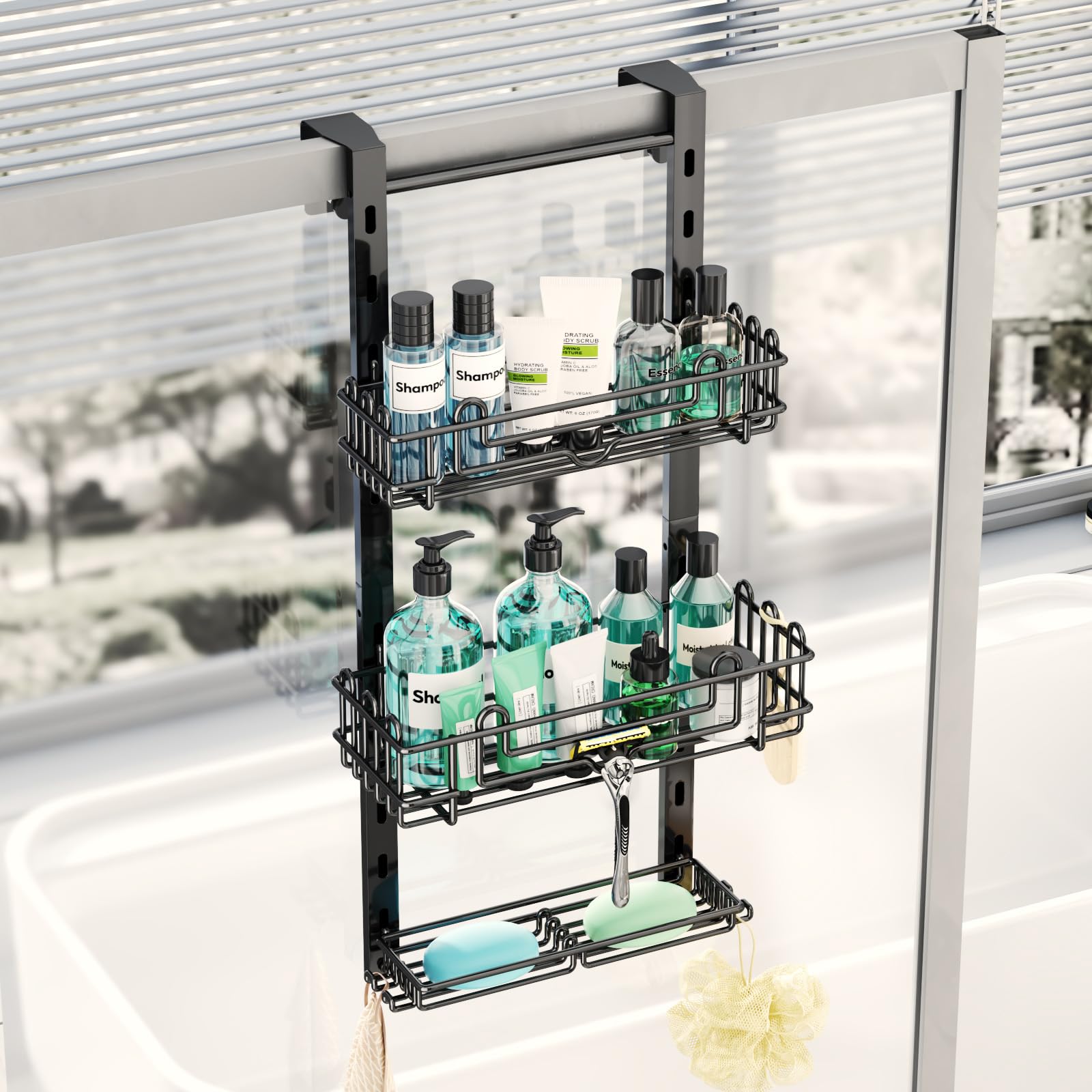 HapiRm 3 Tier Over the Door Shower Caddy, Hanging Shower Caddy with 16 Hooks and 2 Soap Holders, No Drilling Adjustable Hanging 