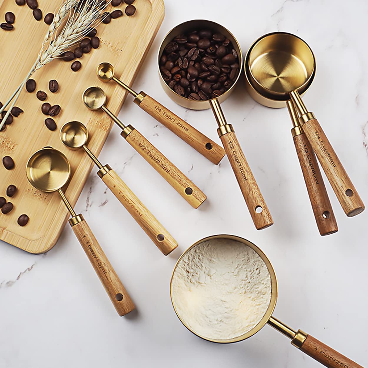 Dadamong Measuring Cups And Spoons Set Of 8, Stainless Steel Gold Measuring Cups Kit With Wooden Handle, Kitchen Cooking Baking