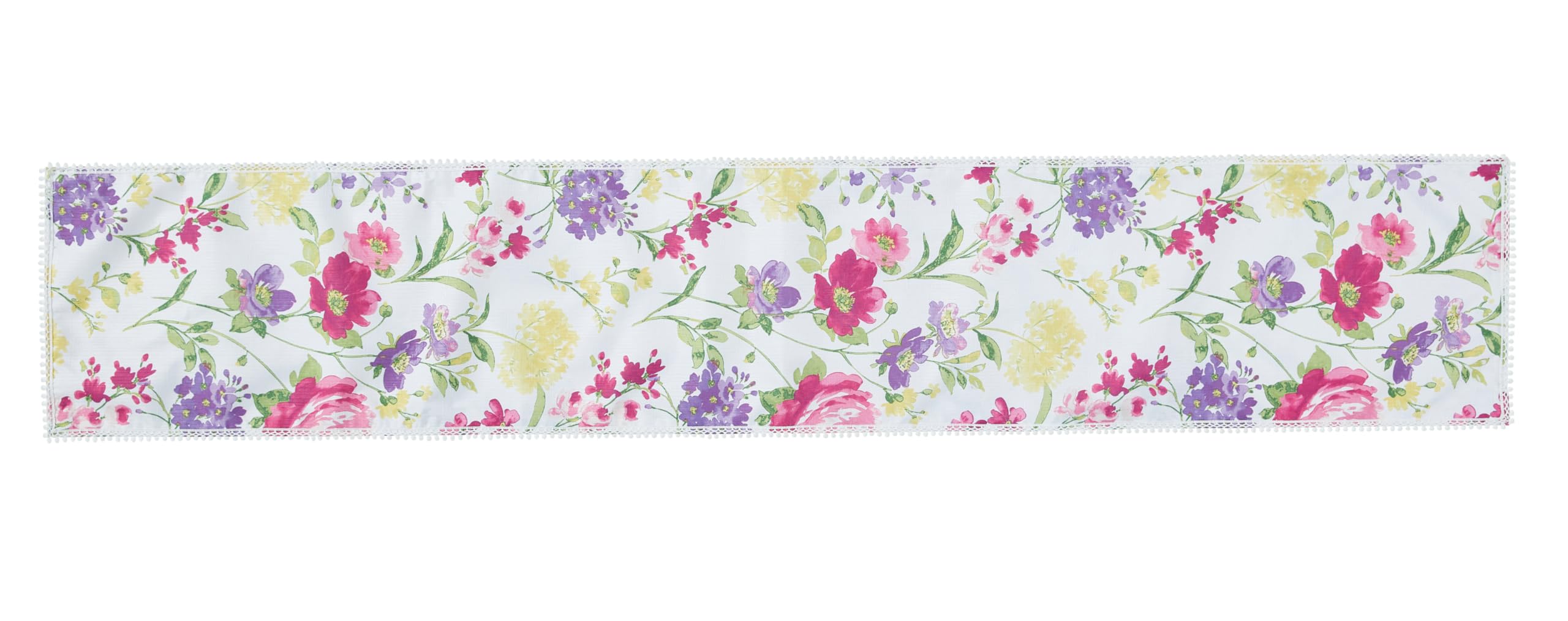 Newbridge Fabric Table Runner, 13 X 70 Inch Rectangle, Summer Sophia Pom Pom Fringe, Wrinkle And Stain Resistant Pink And Purple