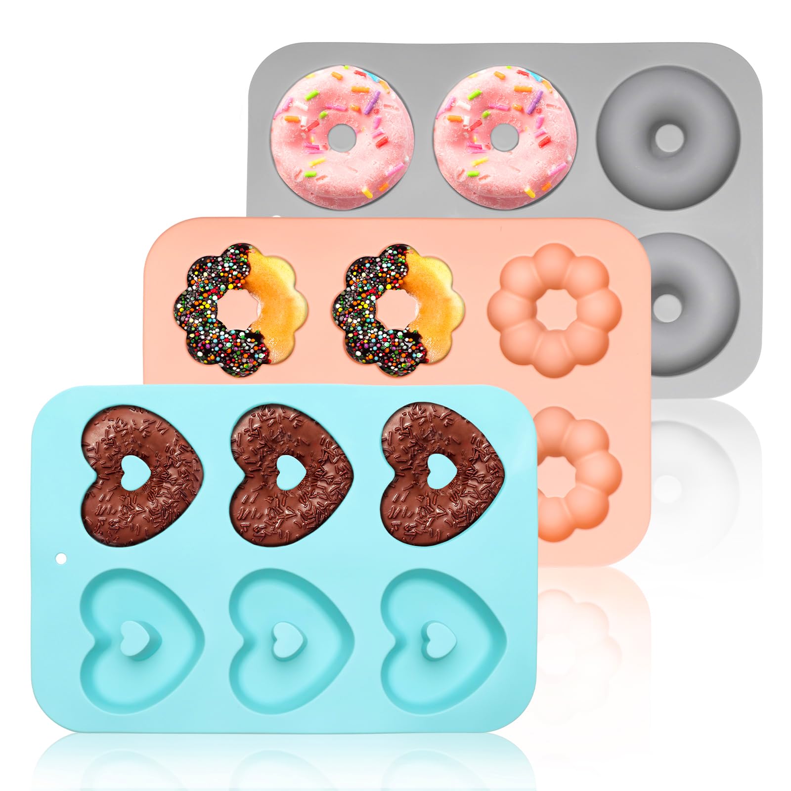Bettoor 3 Pack Silicone Donut Pan, Non-stick Doughnut Molds for Baking, 6 Cavity Donut Maker Muffin Cupcake Bagel Making Tray (G
