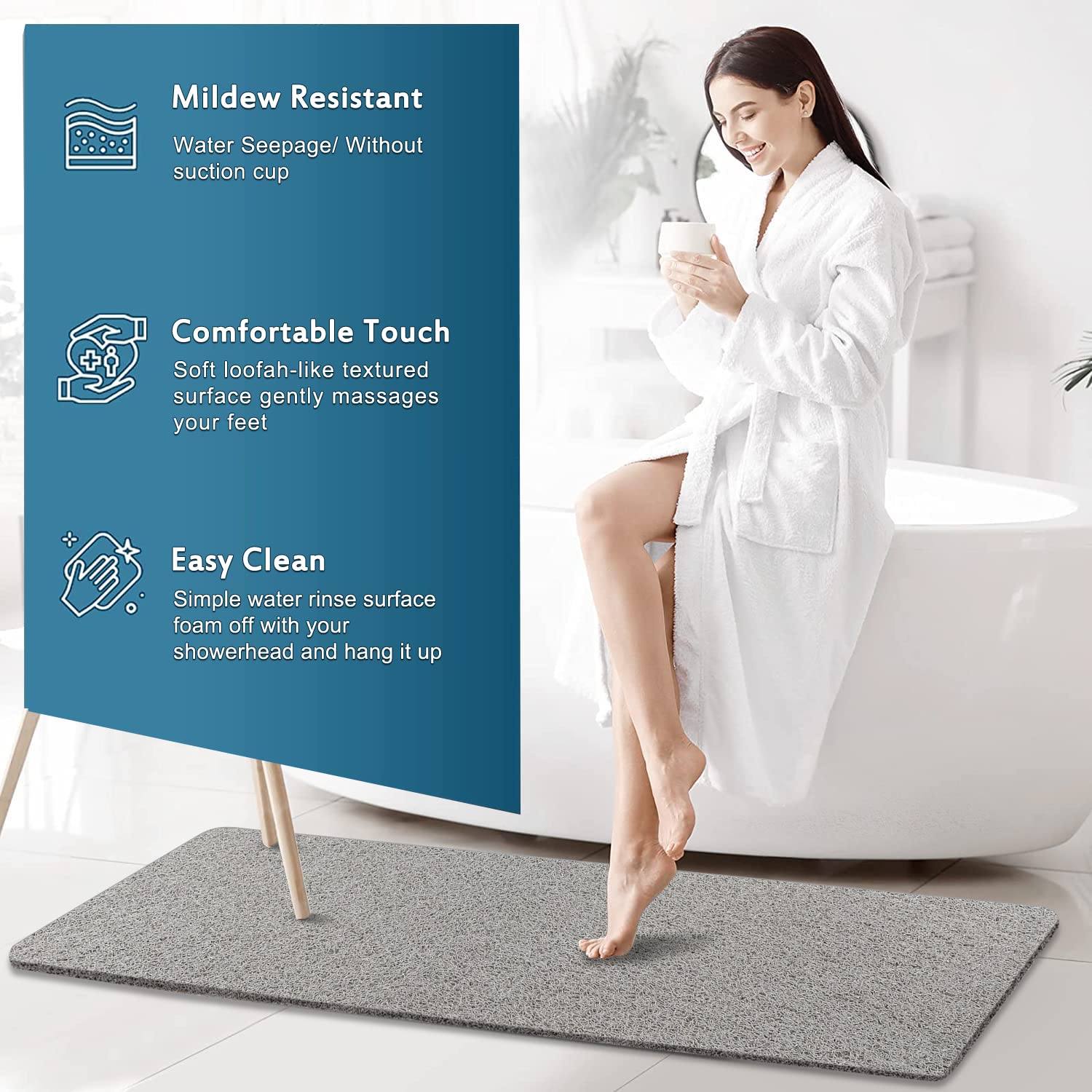 Extra Long Shower Mats Non Slip, 17.1  59 Inch, Bath Mat For Shower, Loofah Mats For Shower And Bathroom, Quick Drying, Grey