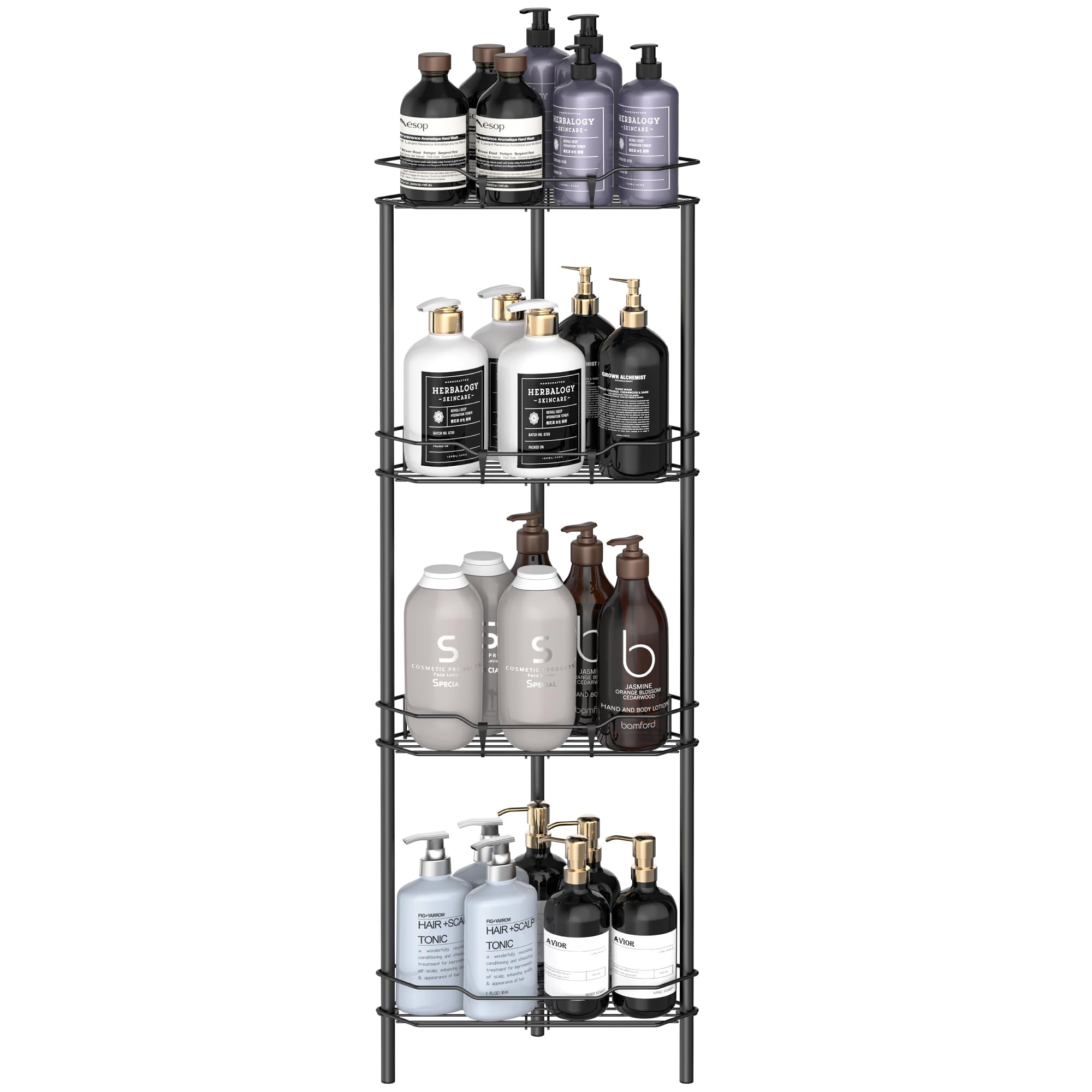 Huggiegems 4 Tier Floor Standing Corner Shower Caddy Organizer Shelf With Hooks, Bathroom Shelves Stand Rack, Matt Black