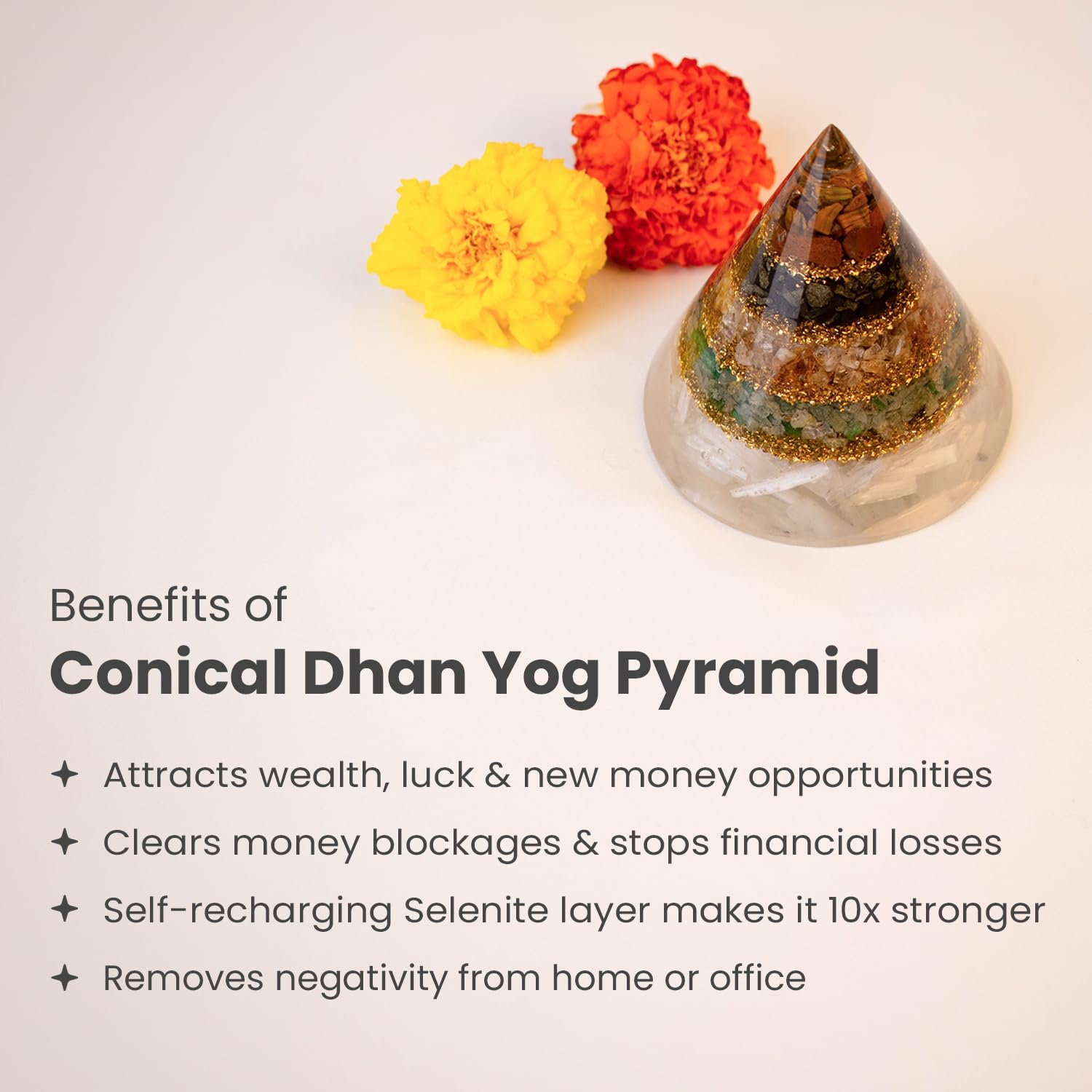 Astrotalk Conical Dhan Yog Resin Pyramid With Selenite Base | Home Decor Items For Wealth, Money & Business Growth | Vastu Items For Home & Mandir | Decorative Items For Living Room