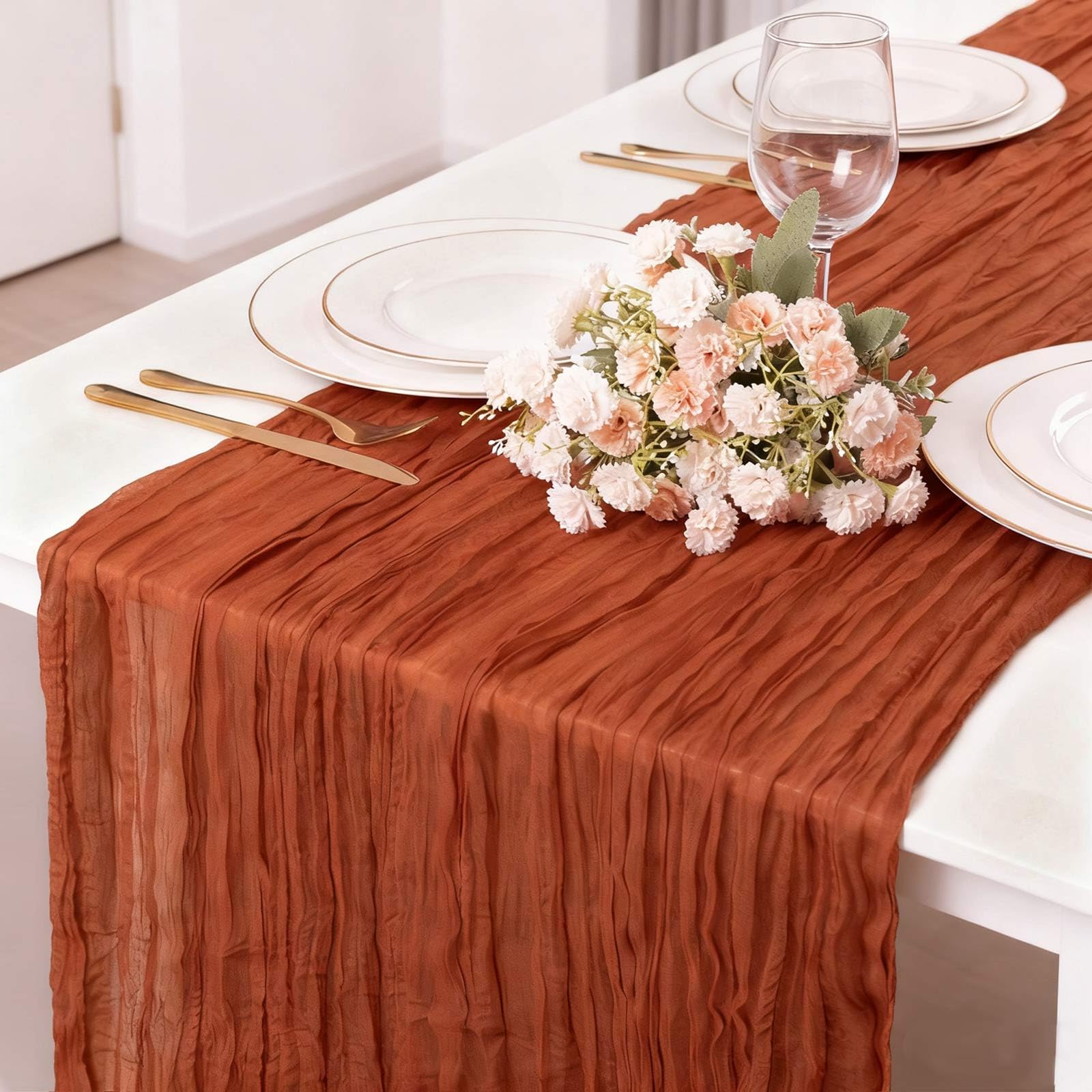 TuTive 13.3Ft Terracotta Cheesecloth Table Runner Fall Gauze Burnt Orange Boho Rustic Cheese Cloth Runner for Wedding Party Baby