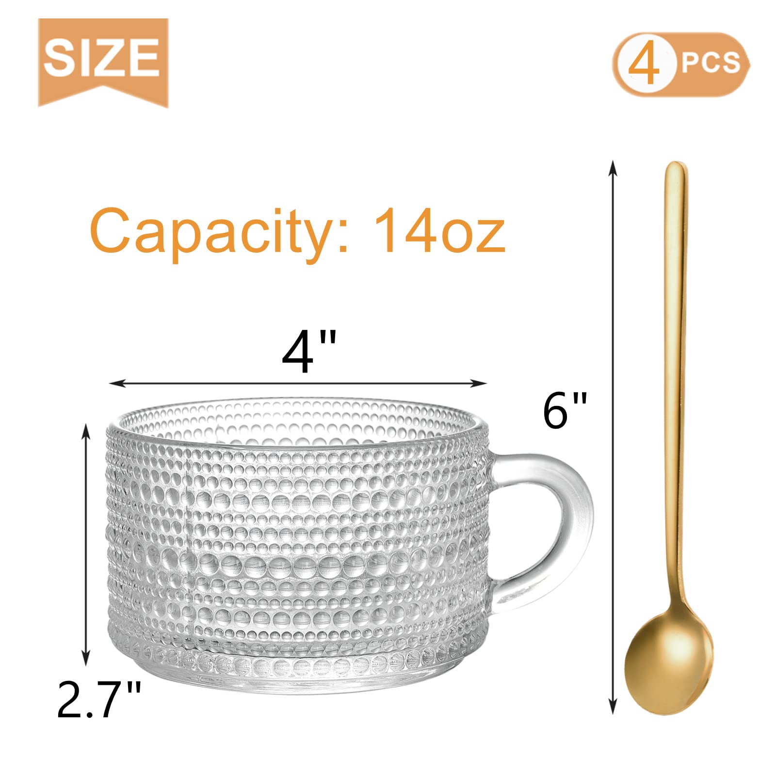 Zoofox Set Of 4 Glass Coffee Mugs, 14 Oz Clear Glass Cups With Golden Spoons, Vintage Embossed Coffee Cups Set For Latte, Espres
