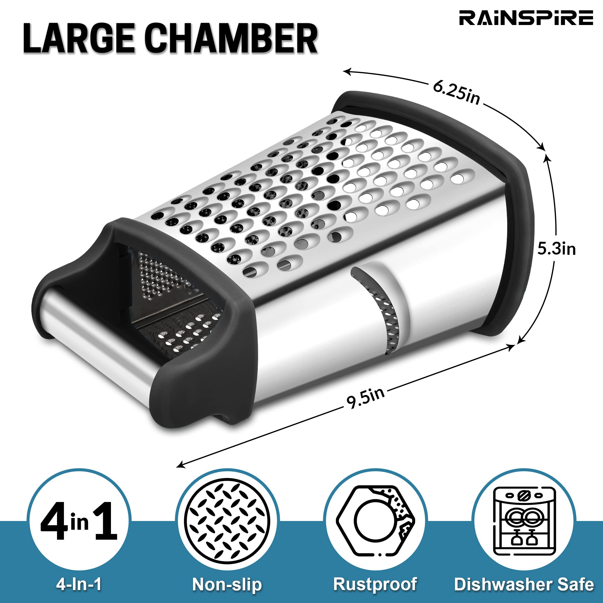 Rainspire Professional Box Grater, Cheese Grater Box For Kitchen Stainless Steel With 4 Sides, Cheese And Spice Graters With Han