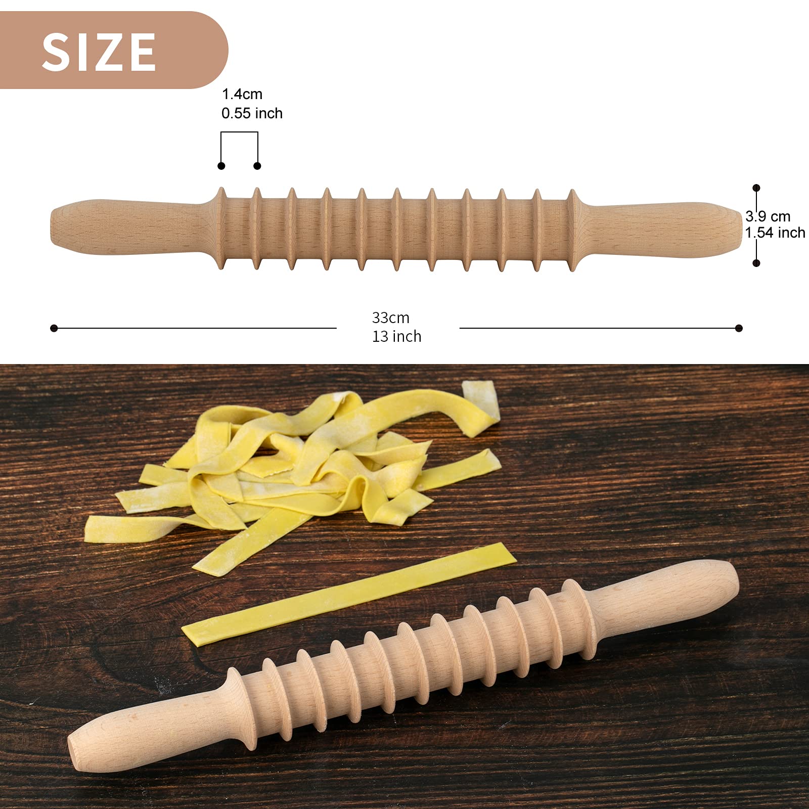 G Beech Wood 14Mm Pappardelle Pasta Cutter Noodle Lattice Roller Docker Dough Cutter Wooden Rolling Pin Spaghetti Pasta Maker Be