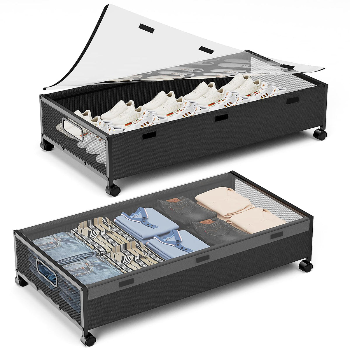 KITHELP Under Bed Storage Containers with Wheels, 2 Pack Underbed Shoe Storage Organizer with Removable Lids, Large Rolling Unde