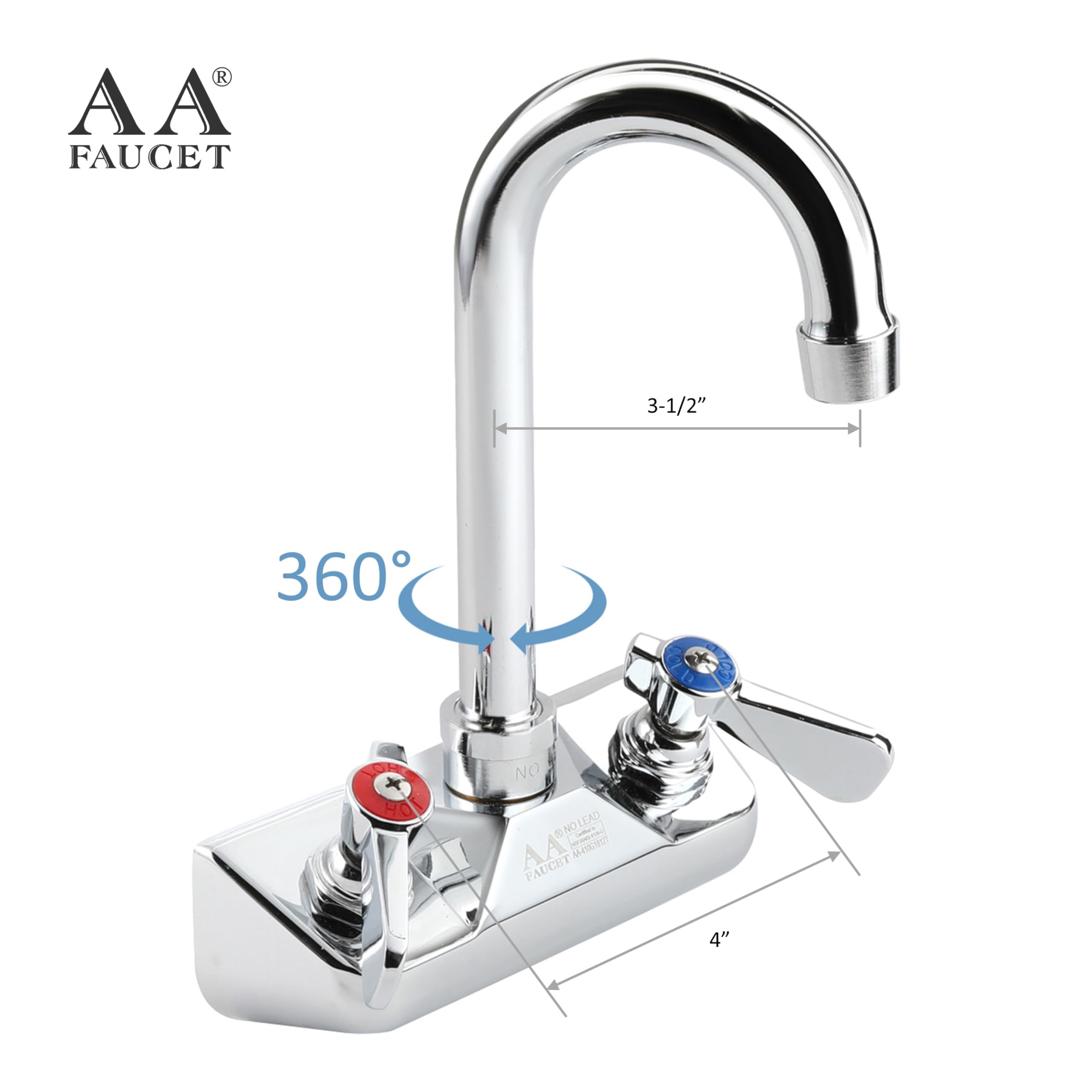 Aa Faucet 4'' Wall Mount Commercial Hand Sink Faucet With 3-1/2'' Gooseneck Spout, Brass Construction Chrome Polished For Restau