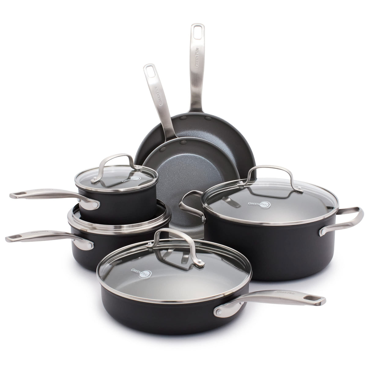 GreenPan Chatham Hard Anodized Healthy Ceramic Nonstick 10 Piece Cookware Pots and Pans Set, Frying Pan Skillets, Saucepans, Sau