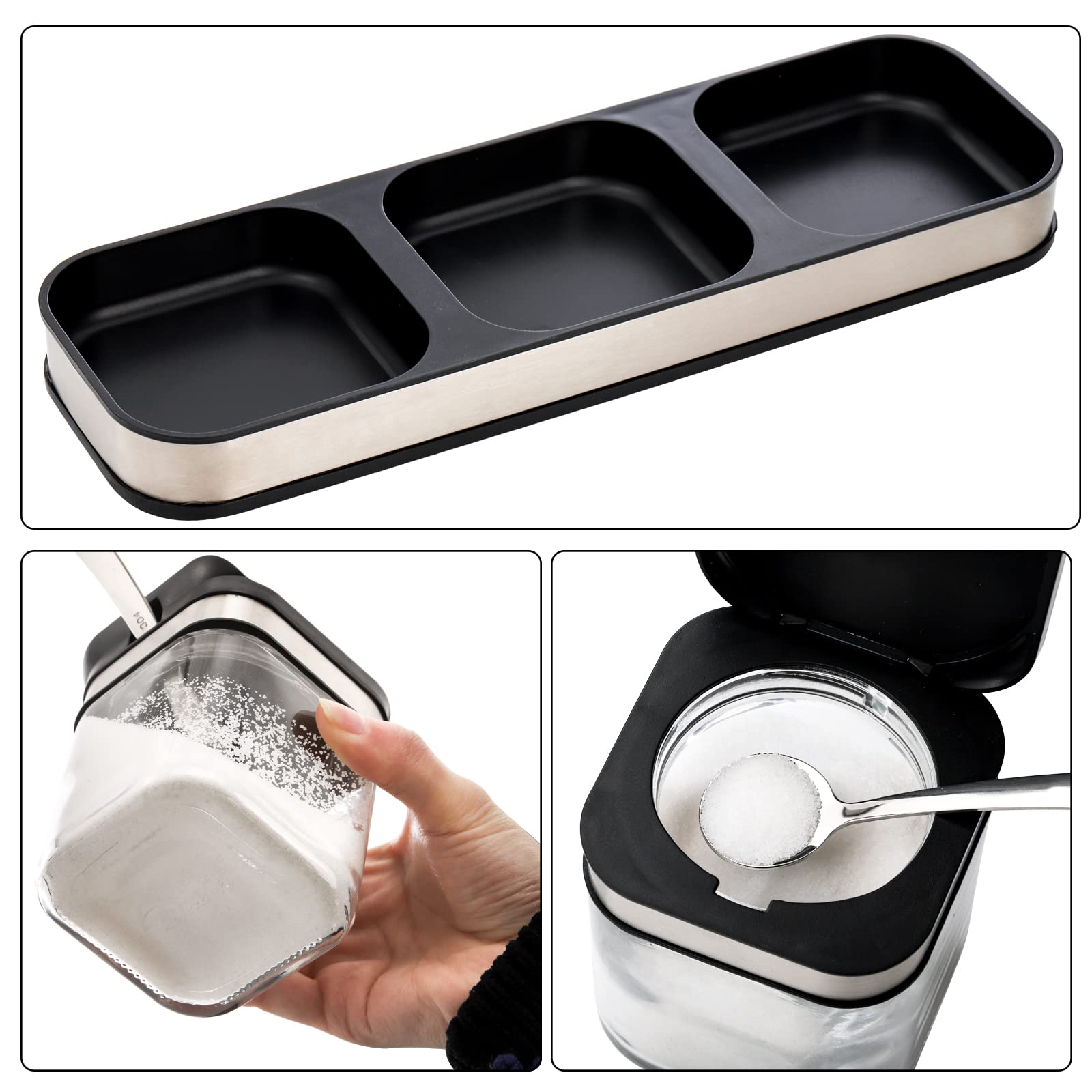 Deayou 3 Pack Glass Seasoning Box With Tray, Clear Condiment Canister With 18/10 Stainless Steel Lid And Spoon, Kitchen Spice Po