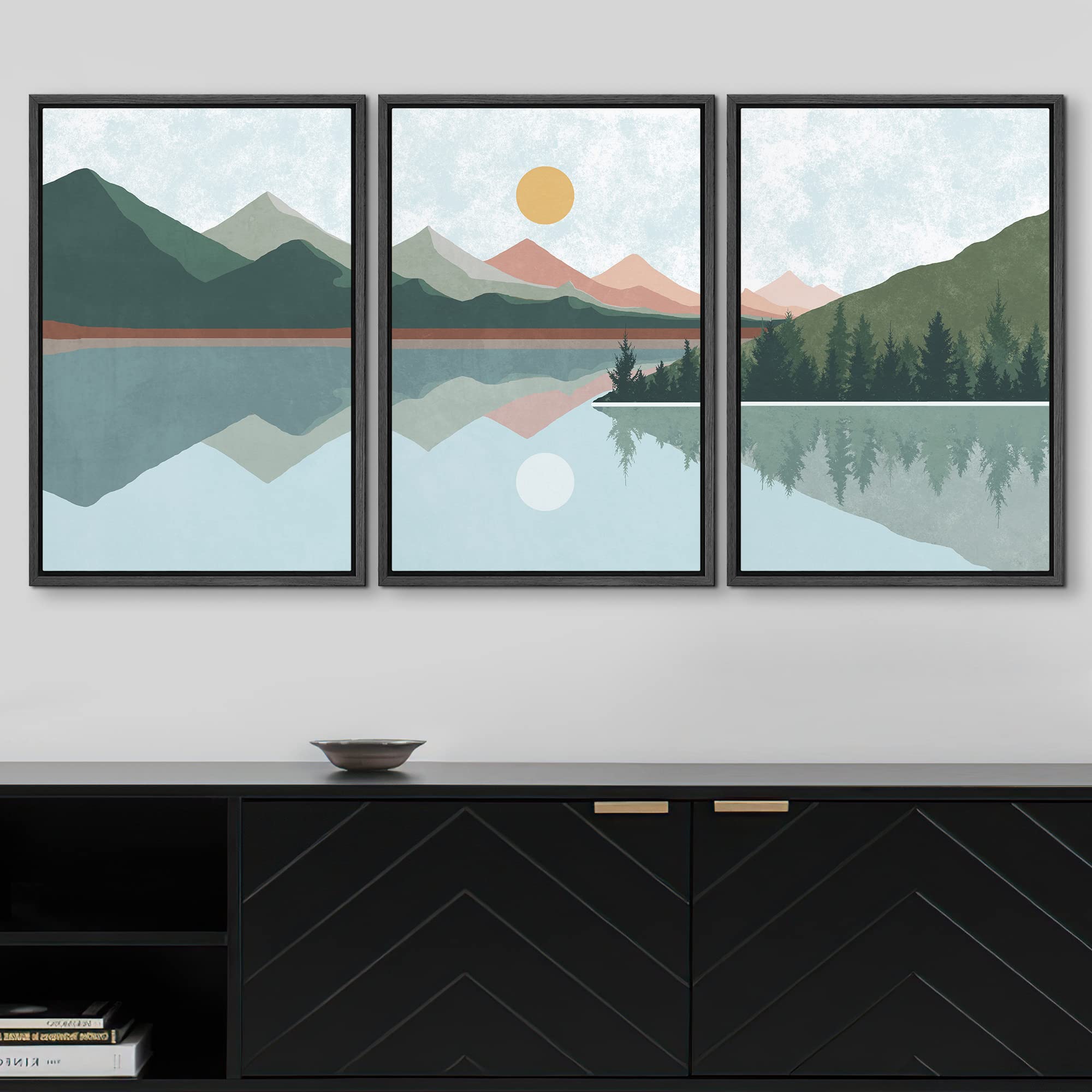 Wall26 Framed Canvas Print Wall Art Set Green Mountain Range Forest Trees Abstract Nature Illustrations Modern Art Nordic Decora