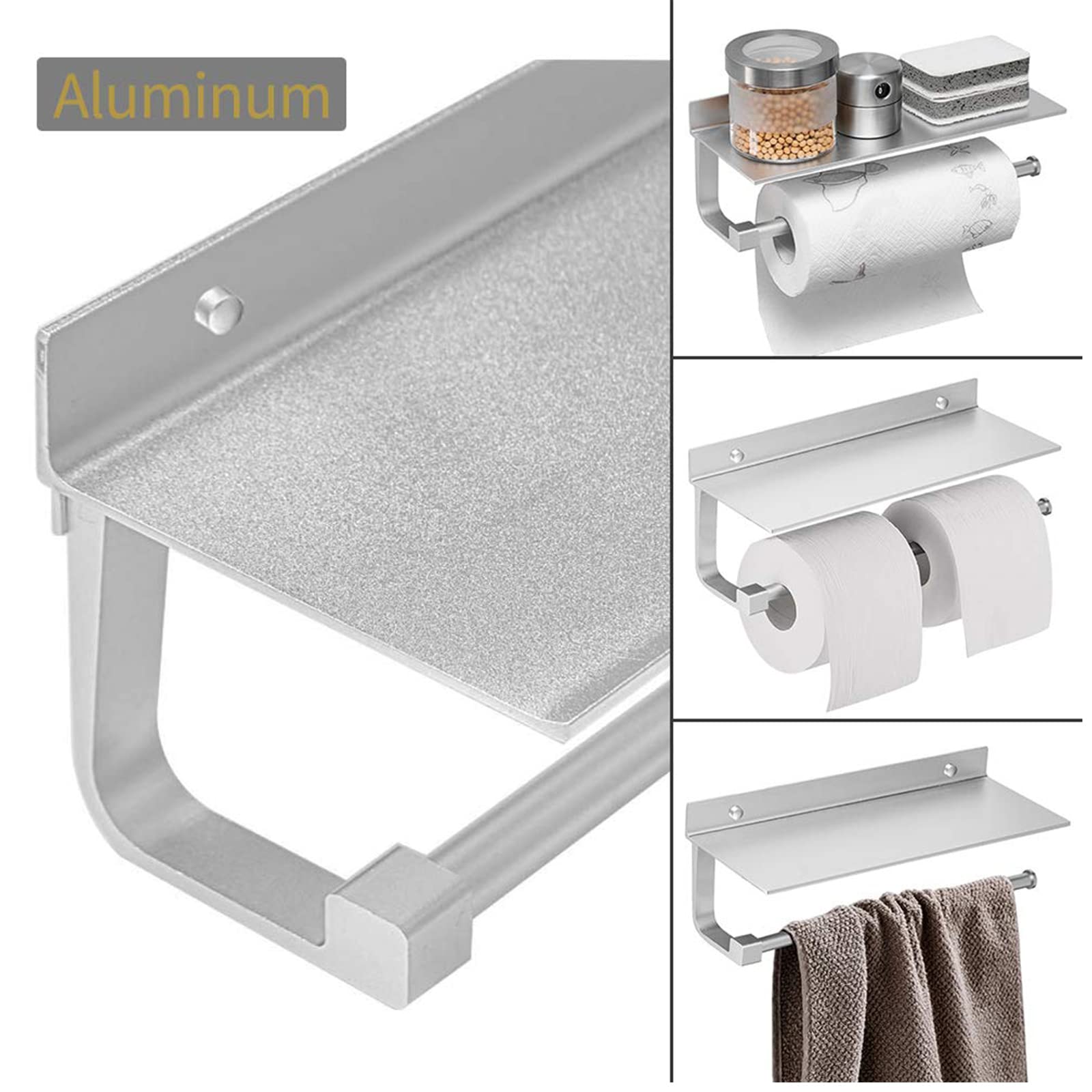 BESy Adhesive Paper Towel Holder Wall Mounted for Kitchen 13 in  Bathroom Tissue Roll Hanger with Storage Shelf  Space Aluminum  Self Adhesive with Glue or Wall Mount with Screws  Dull Polished Silver