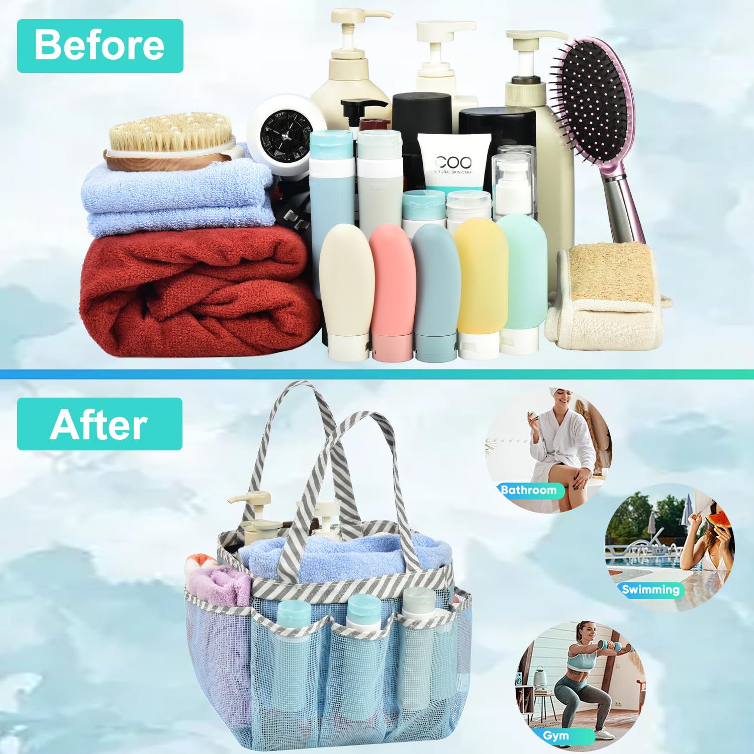 Haundry Mesh Shower Caddy Tote  Portable Shower Caddy Bag with 8 Pockets for College Dorm Room Essentials  Beach  Swimming  Gym