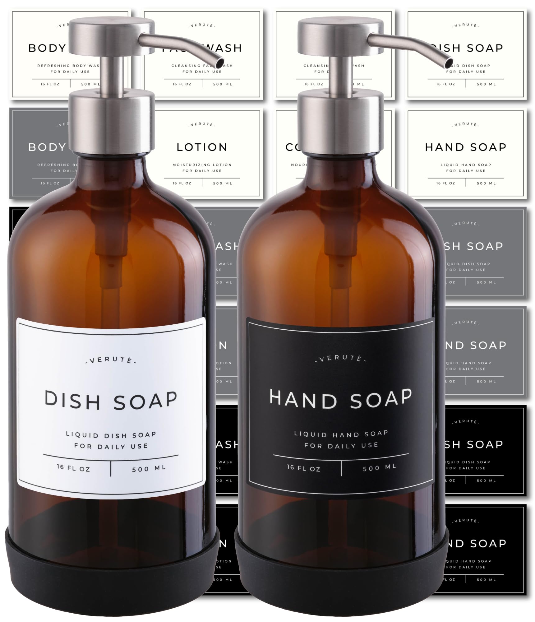 Verute 16Oz Glass Soap Dispenser With Stainless Steel Pump, 21 Waterproof Labels, Non-Slip Protective Silicone Pad, Set Of 2 For