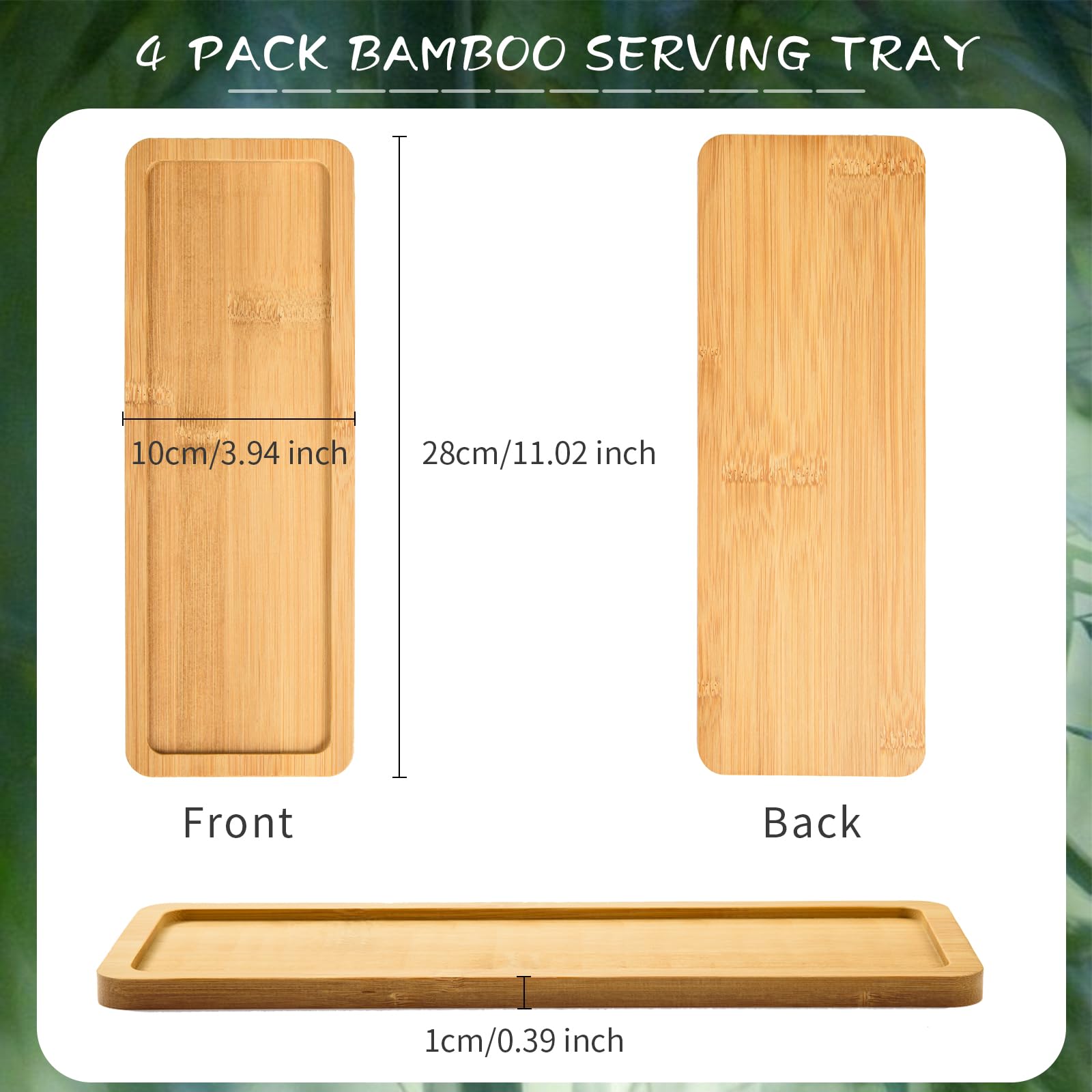 4 Pack Bamboo Serving Tray Rectangle Bamboo Wood Tea Serving Tray Rounded Edges Wooden Bathroom Counter Tray Bamboo Vanity Tray