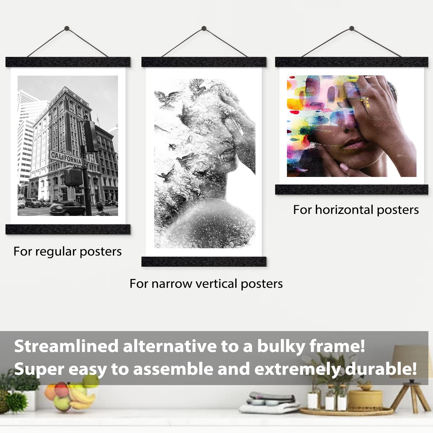 Magnetic Poster Hanger Wooden Poster Hangers  16 Inch  Extra Strong Magnets  Quick Assembly and Easy Use  Wood Poster Hanger for Wall Art  Pictures  Prints  Maps  Canvas  16x24 16x22 16x20  Black