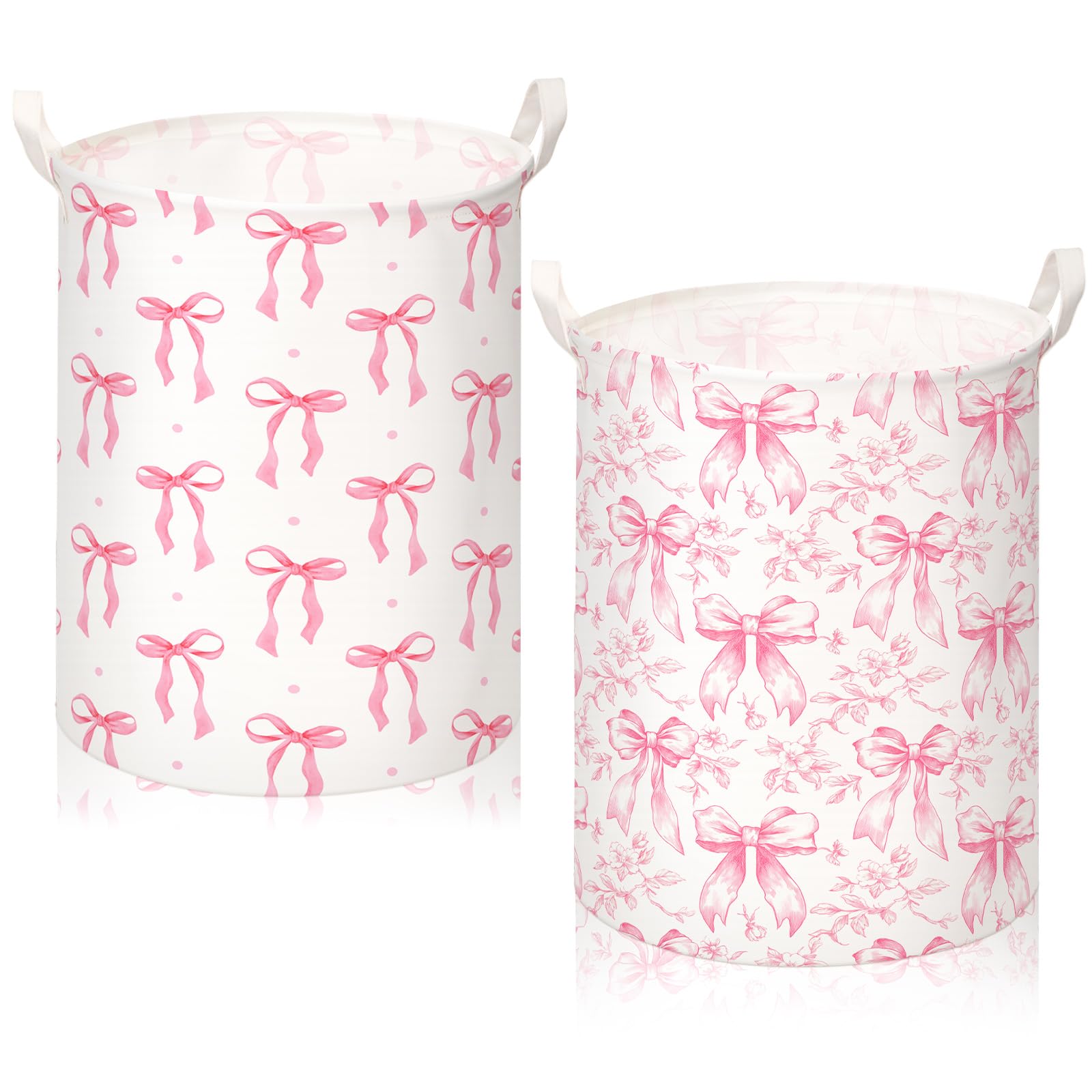 Croblissful 2 Pcs Pink Bow Laundry Basket Coquette Storage Basket For Girls Nursery Hamper With Handles Foldable Waterproof Coll