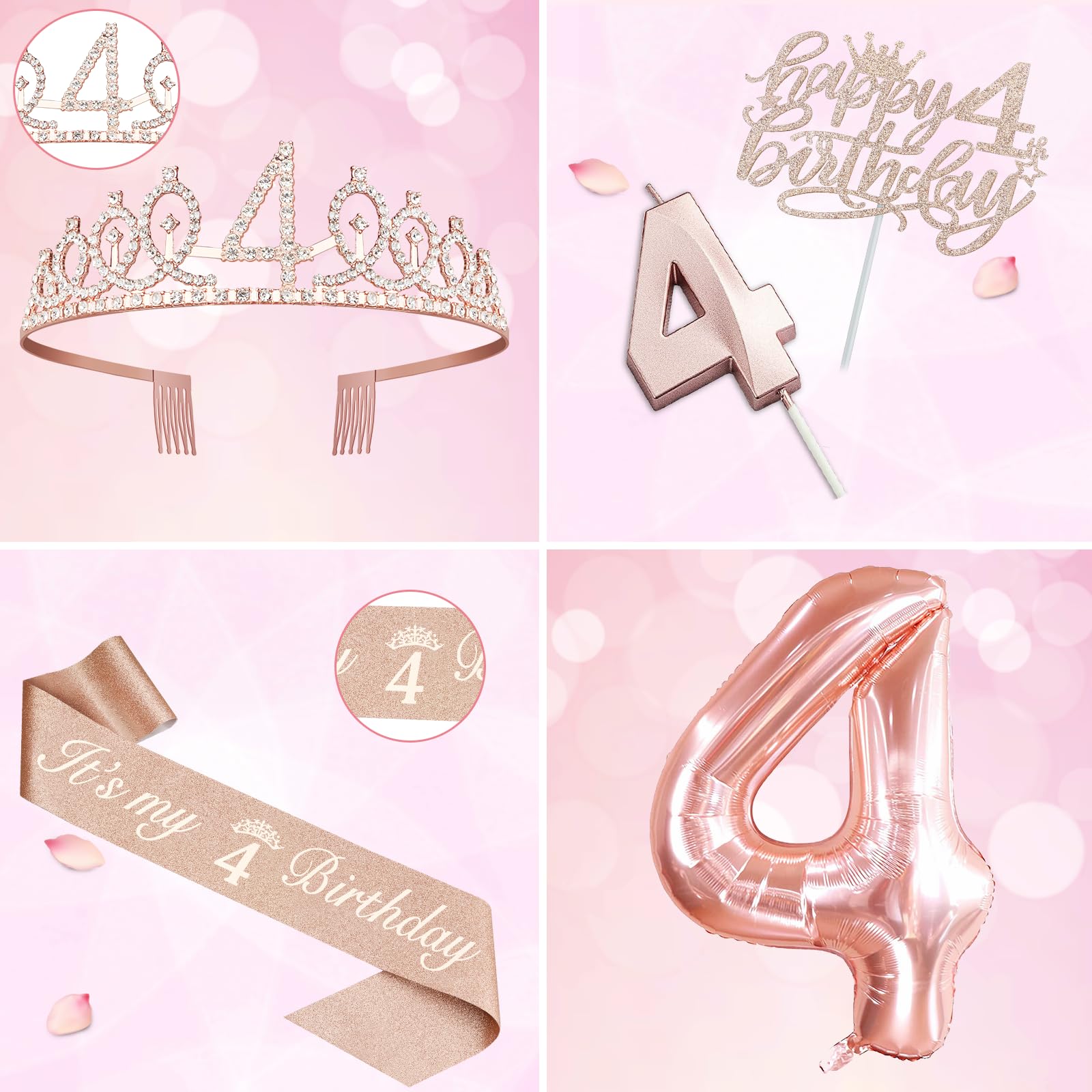 4Th Birthday Decorations For Girls, Including 4Th Birthday Sash And Tiara, 4Th Birthday Candles And Cake Toppers, Rose Gold 4 Ba