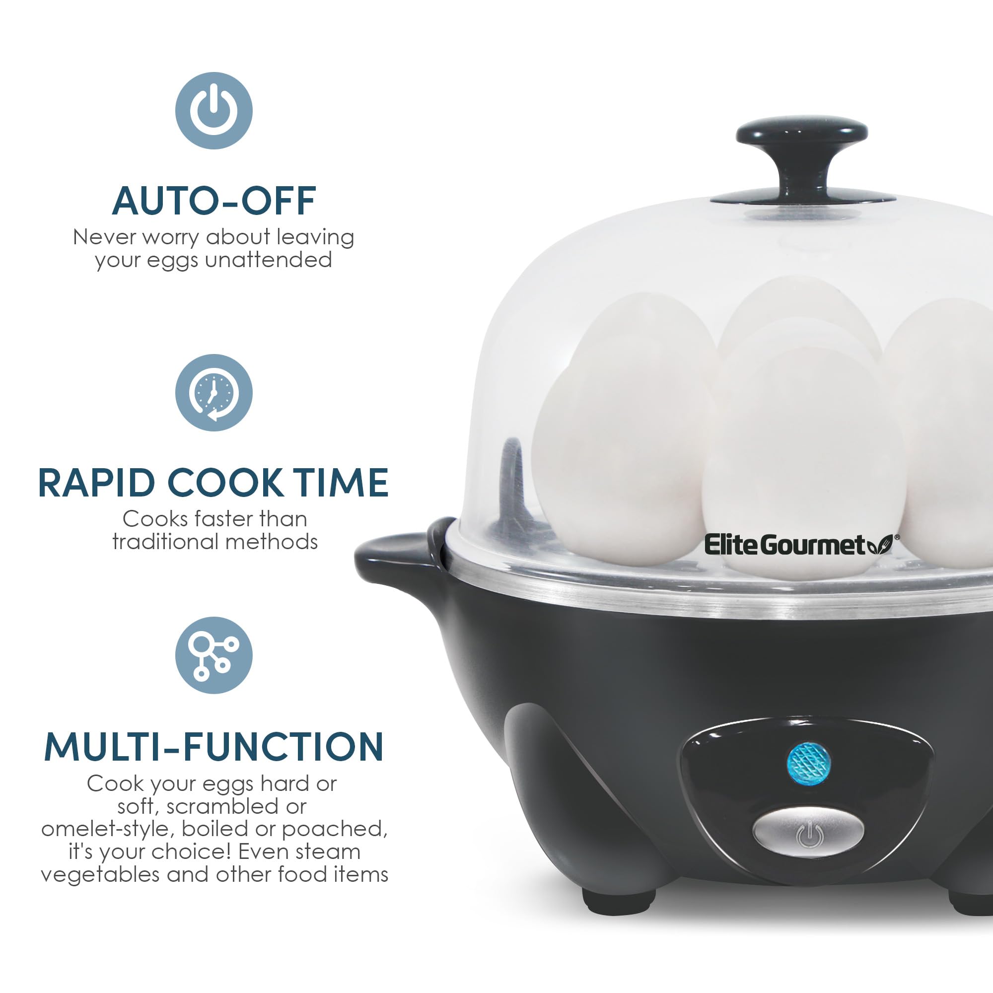 Elite Gourmet Egc710Dkg Rapid Egg Cooker, 7 Easy-To-Peel, Hard, Medium, Soft Boiled Eggs, Poacher, Omelet Maker, Auto Shut-Off,