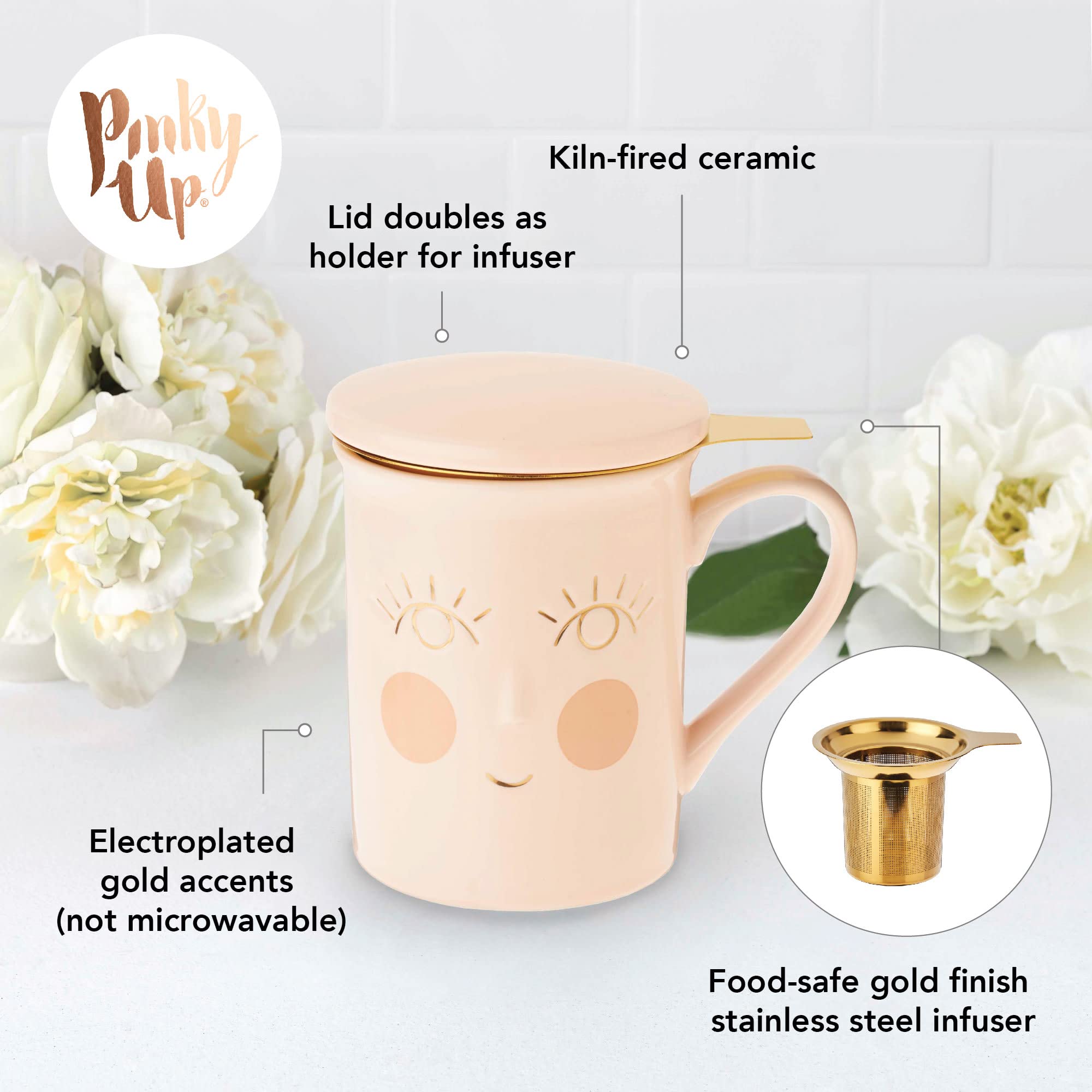 Pinky Up Annette Ceramic Tea Mug And Loose Leaf Tea Infuser, Loose Leaf Tea Accessories, Tea Tumbler Cup, Hello Beautiful, 12 Oz