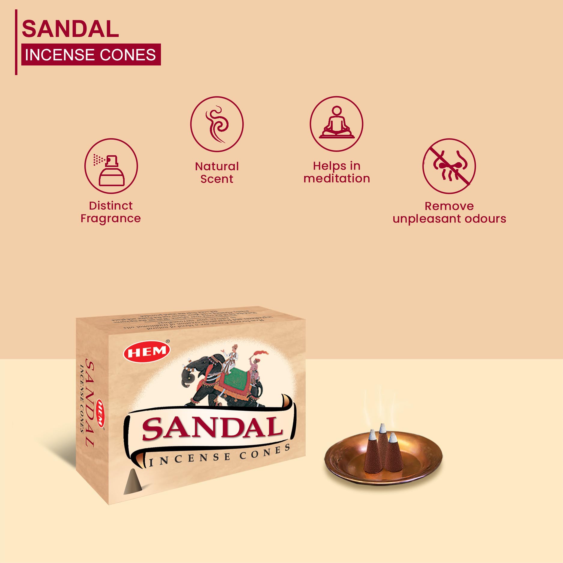 Hem Sandalwood Incense Cones - Case of 12 Boxes (10 Cones Each, 120 Total) | Soothing Woody Aroma for Meditation, Relaxation & P