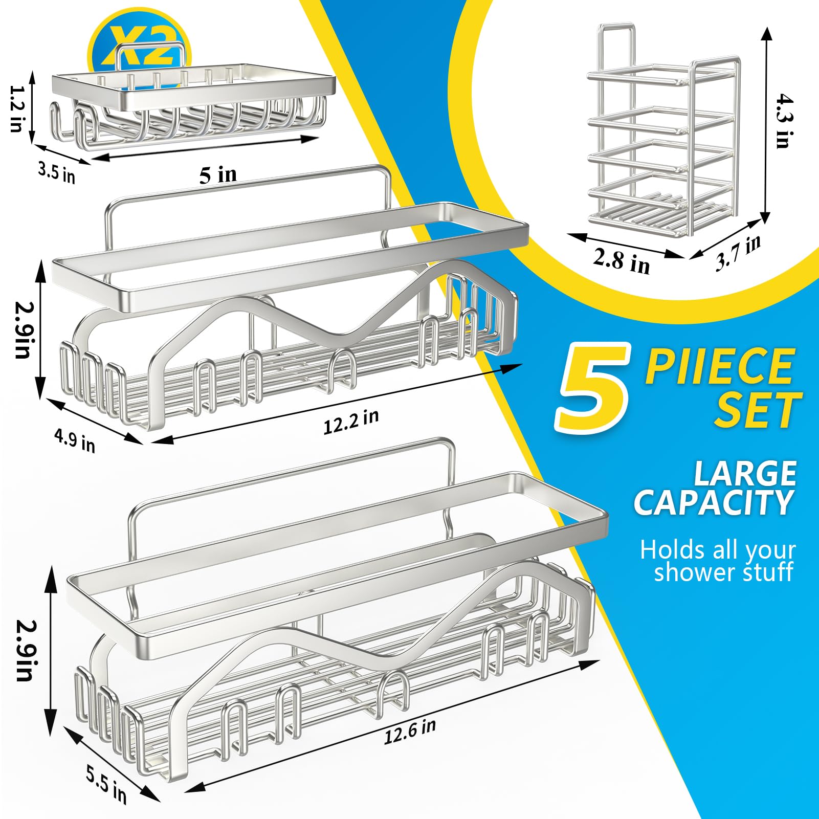 Coraje Shower Organizer [5-Pack] Shower Shelves for Inside Shower Adhesive Shower Caddy  No Drilling Rustproof Stainless Steel Extra Large Bathroom Shower shelf  Silver