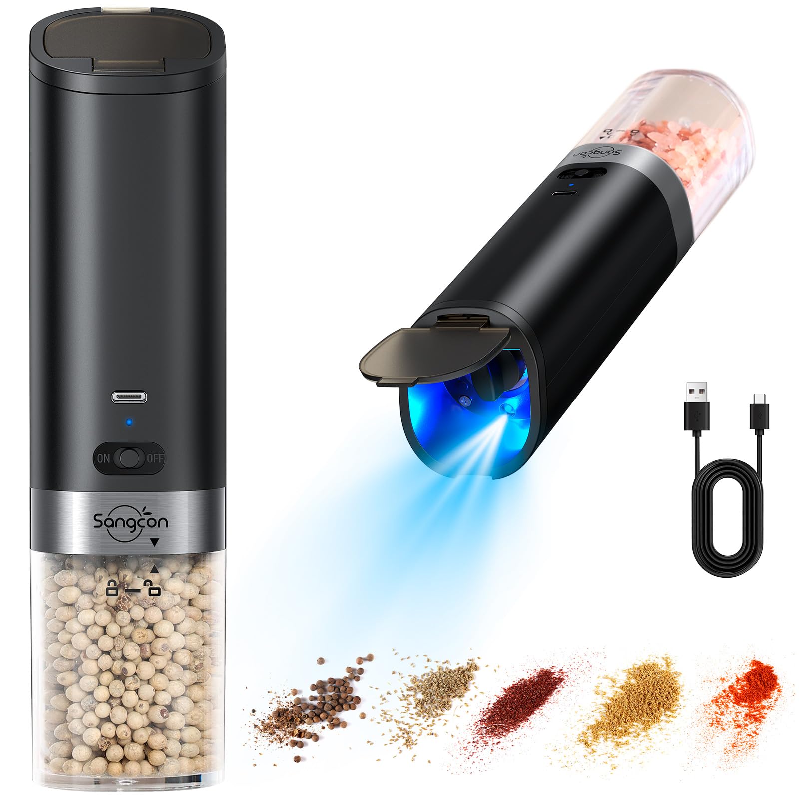 Sangcon Gravity Electric Salt and Pepper Grinder Set Rechargeable with Dust Cover, Large Capacity, Adjustable Coarseness, LED Li