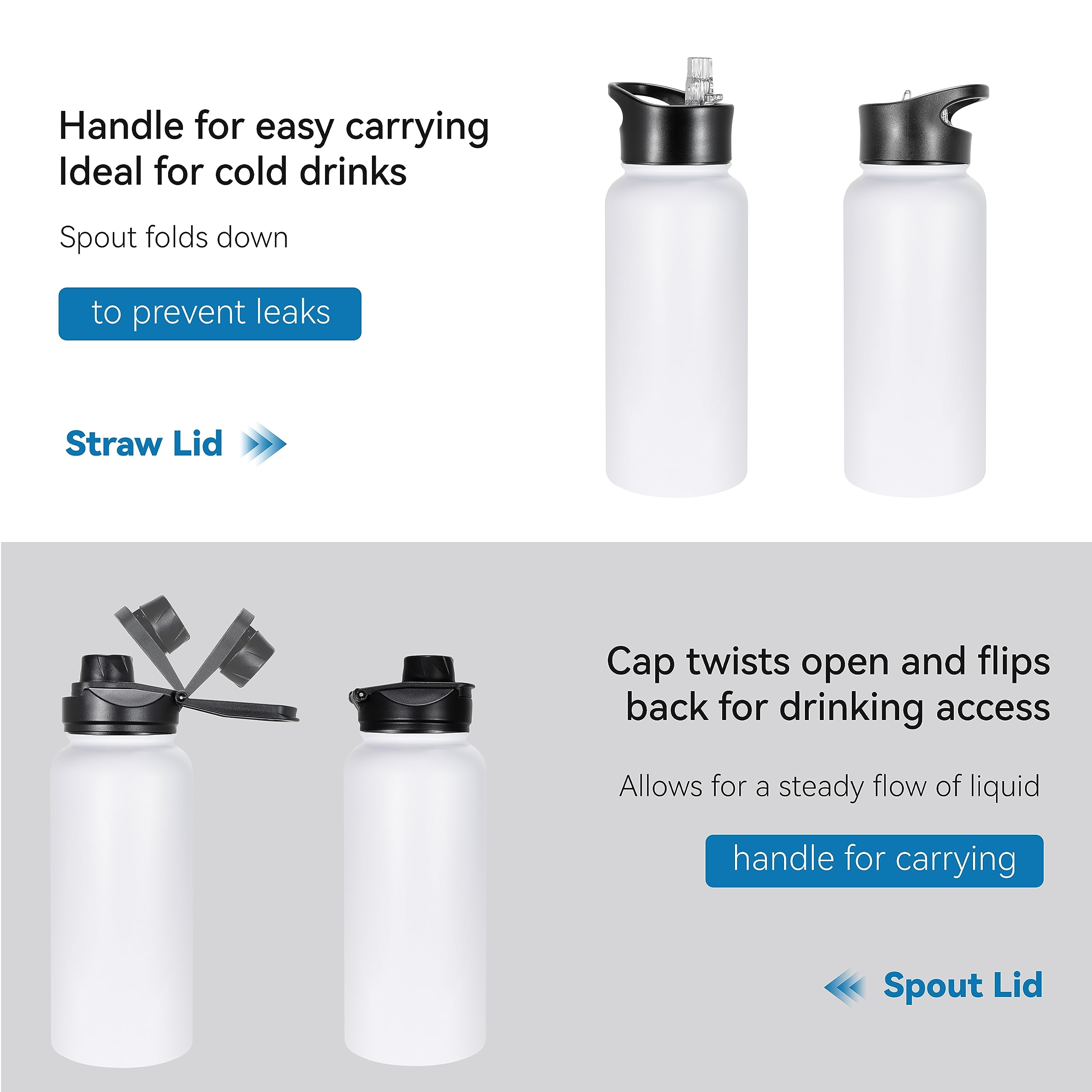 Vegond 32 Oz Insulated Water Bottle Stainless Steel Metal Water Bottles With Leak Proof Straw Lid & Spout Lid, Wide Mouth Double