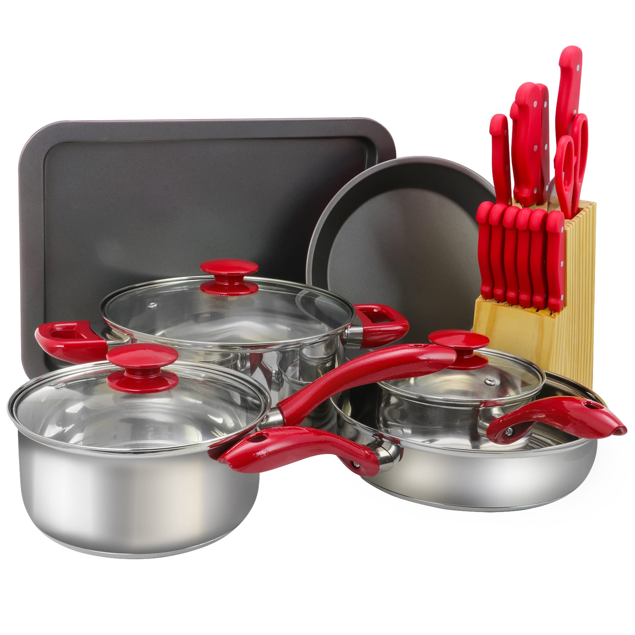 Megachef 22 Piece Cookware Combo Set, Red and Silver (MC-CS2200)