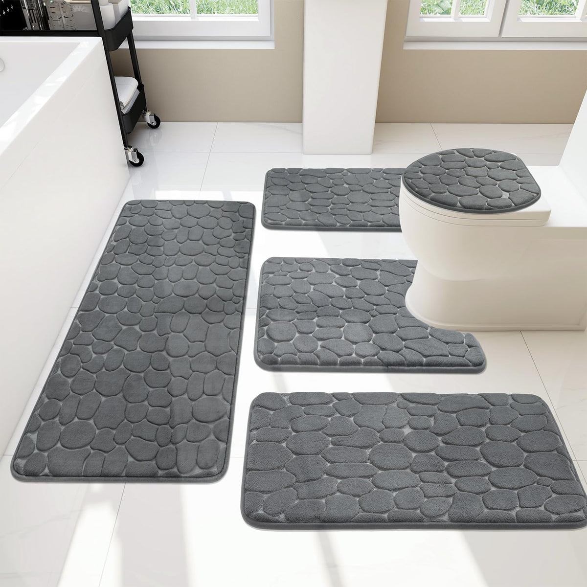 Yihouse 5 Piece Cobblestone Memory Foam Bath Mats, Extra Thick Non Slip Mats For Tub, Toilet And Floor, Water Absorbent, Washabl
