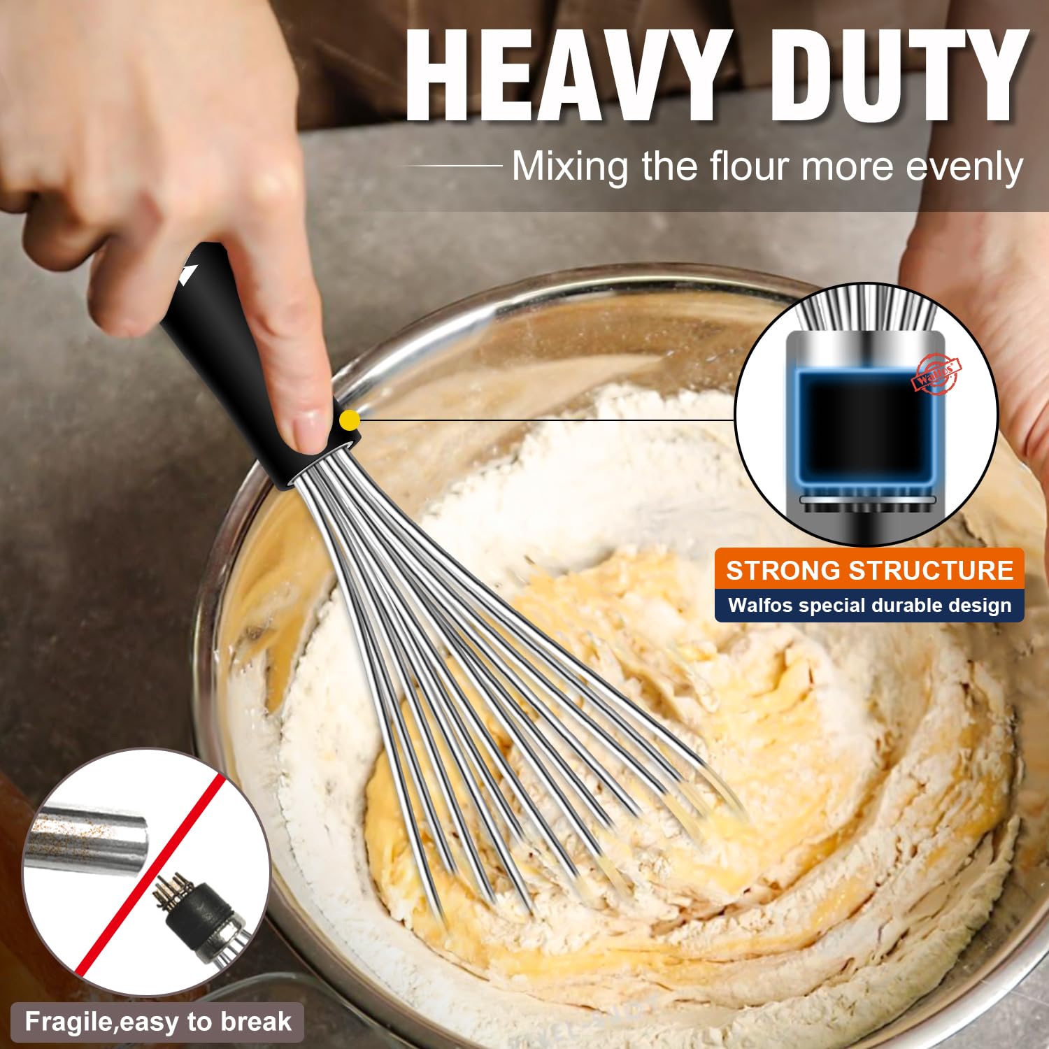 Stainless Steel Whisk Set With 7''+5'' Mini Whisks, Walfos Heavy Duty Whisks, Kitchen Wisk (7+9+11In) Premium For Whisking, Blen