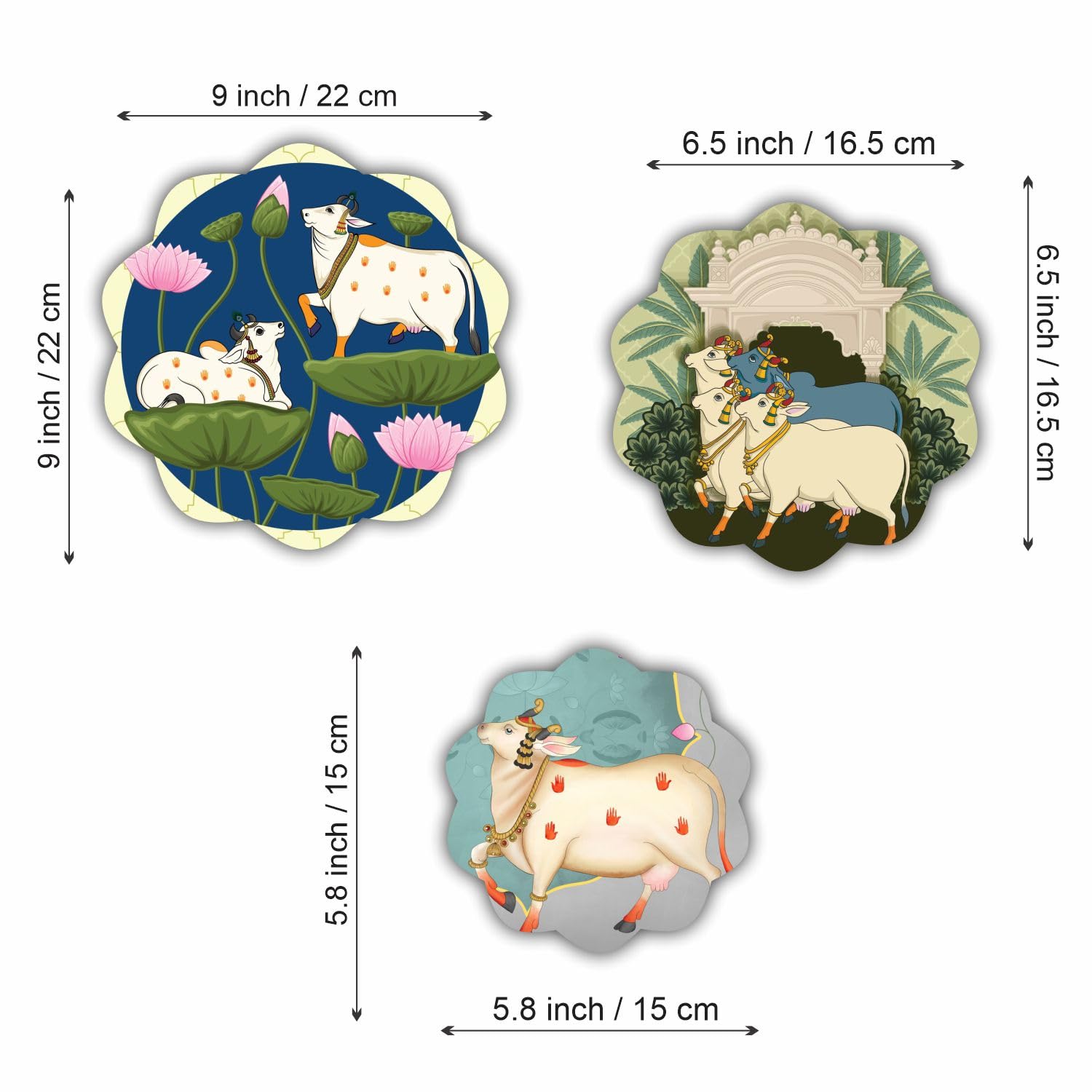 Bhikham Creations Set Of 3 Cow Pichwai Designer Art Beautiful Round Shape Wall Hanging Decor | Wall Decoration Accessories For H