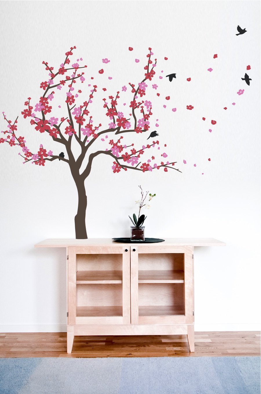 Japanese Cherry Blossom Tree And Birds Wall Decal Sticker For Flower Baby Nursery Room Decor Art (Red & Pink, 60X90 Inches)