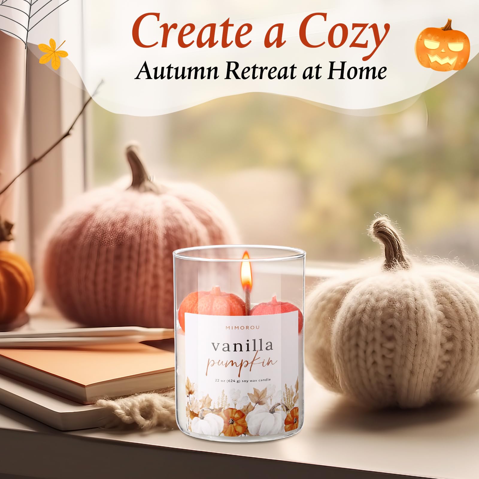 Mimorou Large Pumpkin Candle 3D Thanksgiving Pumpkin Shaped 22oz Decorative Fall Glass Jar Soy Wax Orange Candle up to 60-hour B