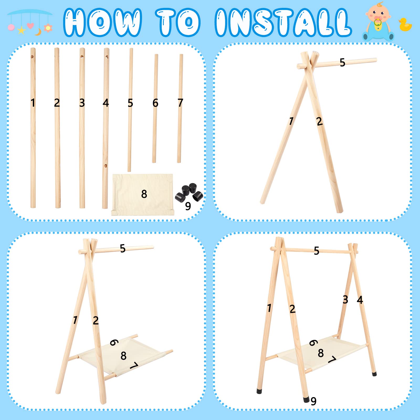 Queekay Kids Clothing Rack, Pine Wooden Clothes Organizer With Storage Shelf, Beige, Large