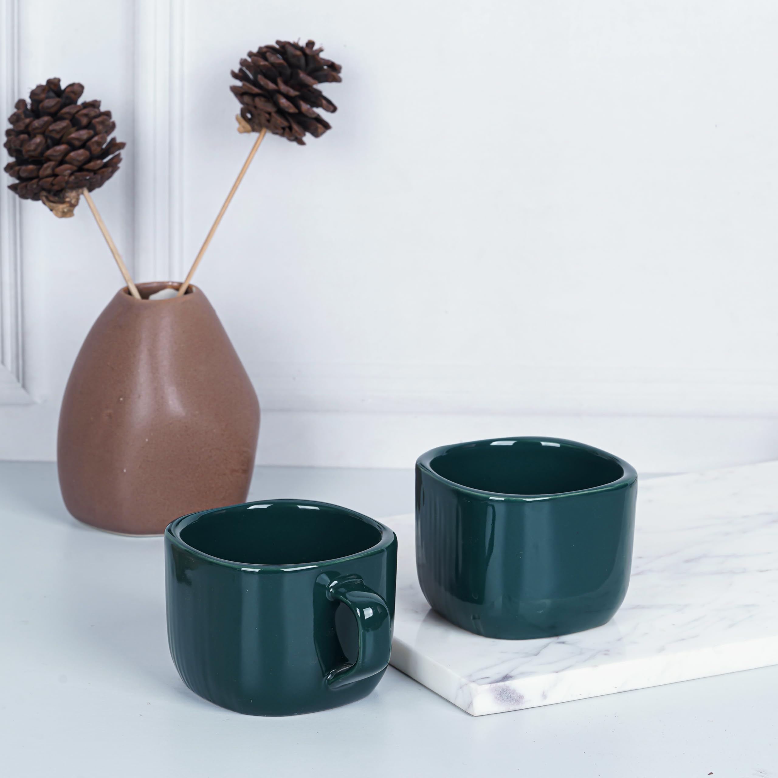 Data Ceramic Zen Coffee Mugs In Dark Green, Set Of 6, 199 Ml, 199 Ml