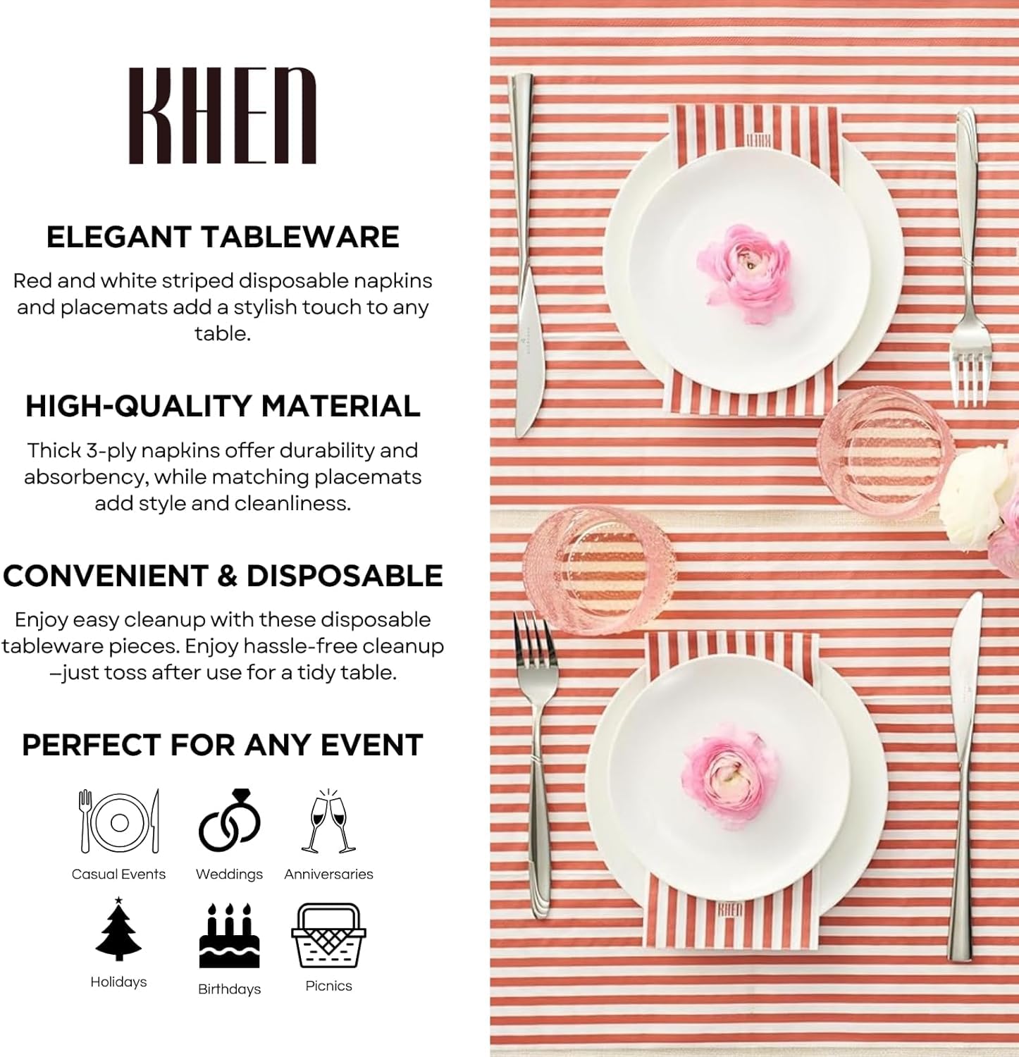 Tonal Striped Disposable Napkin Set in Stripe Red, 50 Pieces