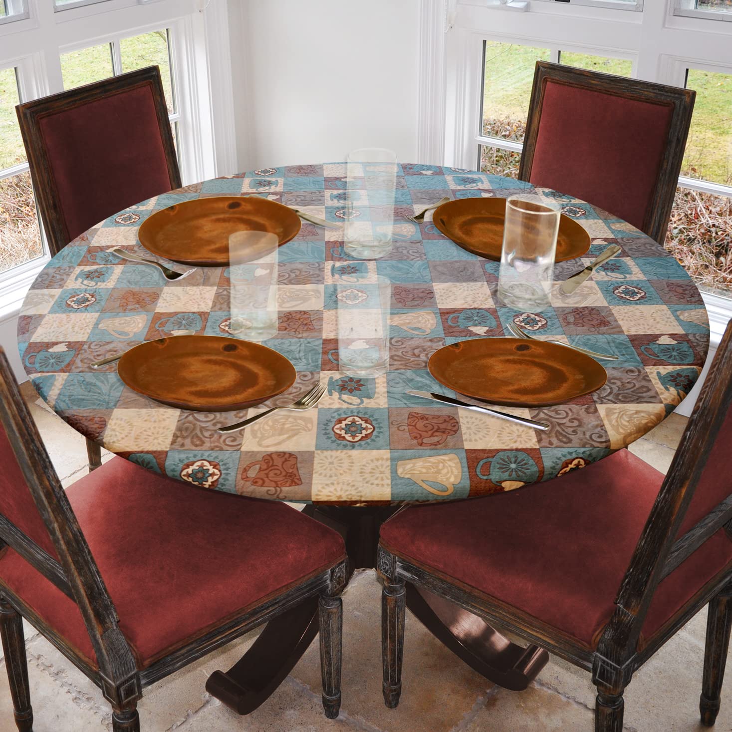 Covers For The Home Vinyl Fitted Table Cover, Global Coffee, Fits 40"-44" Round, Flannel Backed, Model COMINHKPR140876