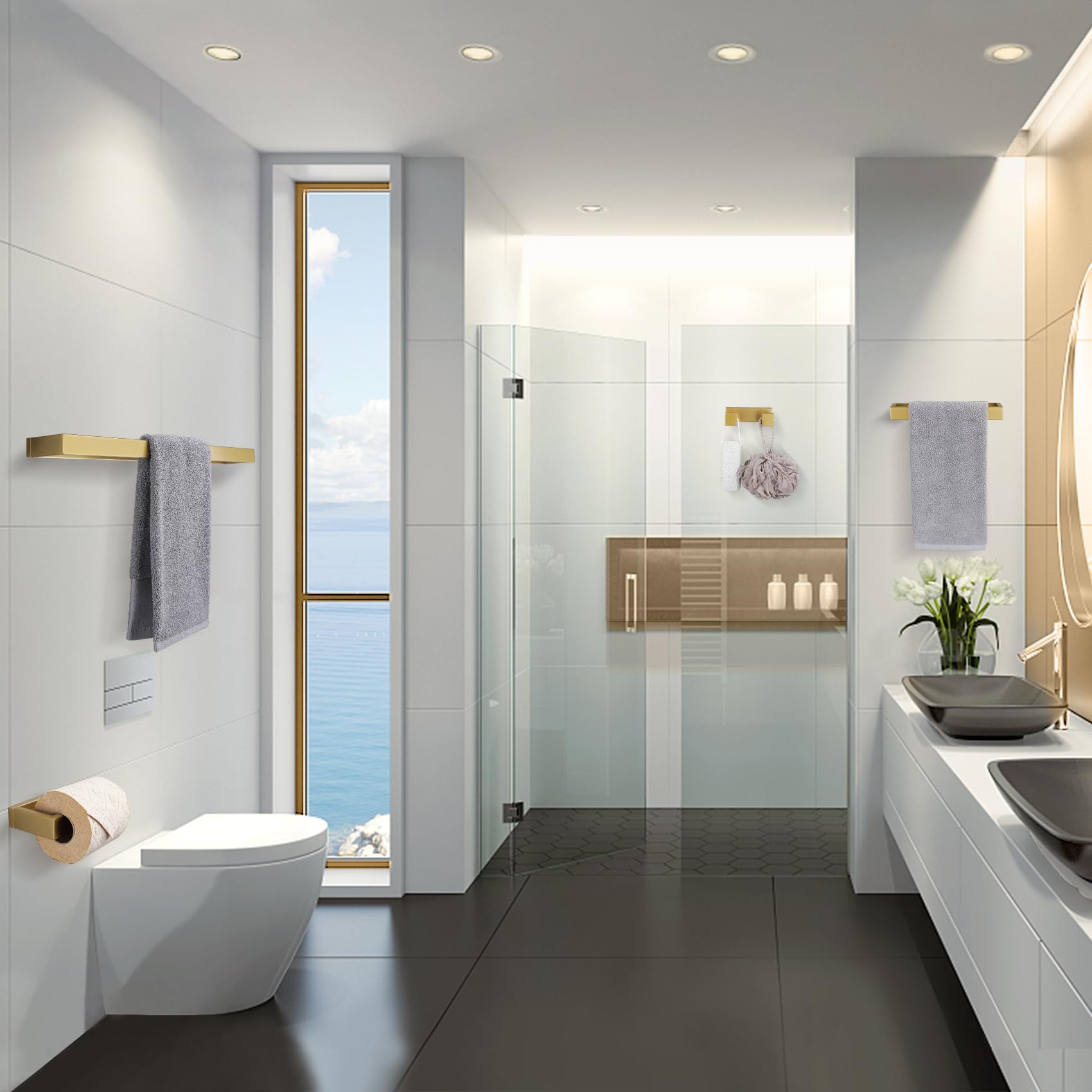 Lairuier Bathroom Hardware Accessories Set, Brushed Gold 4-Piece Bathroom Hardware Set Including Towel Bar,Towel Holder, Toilet