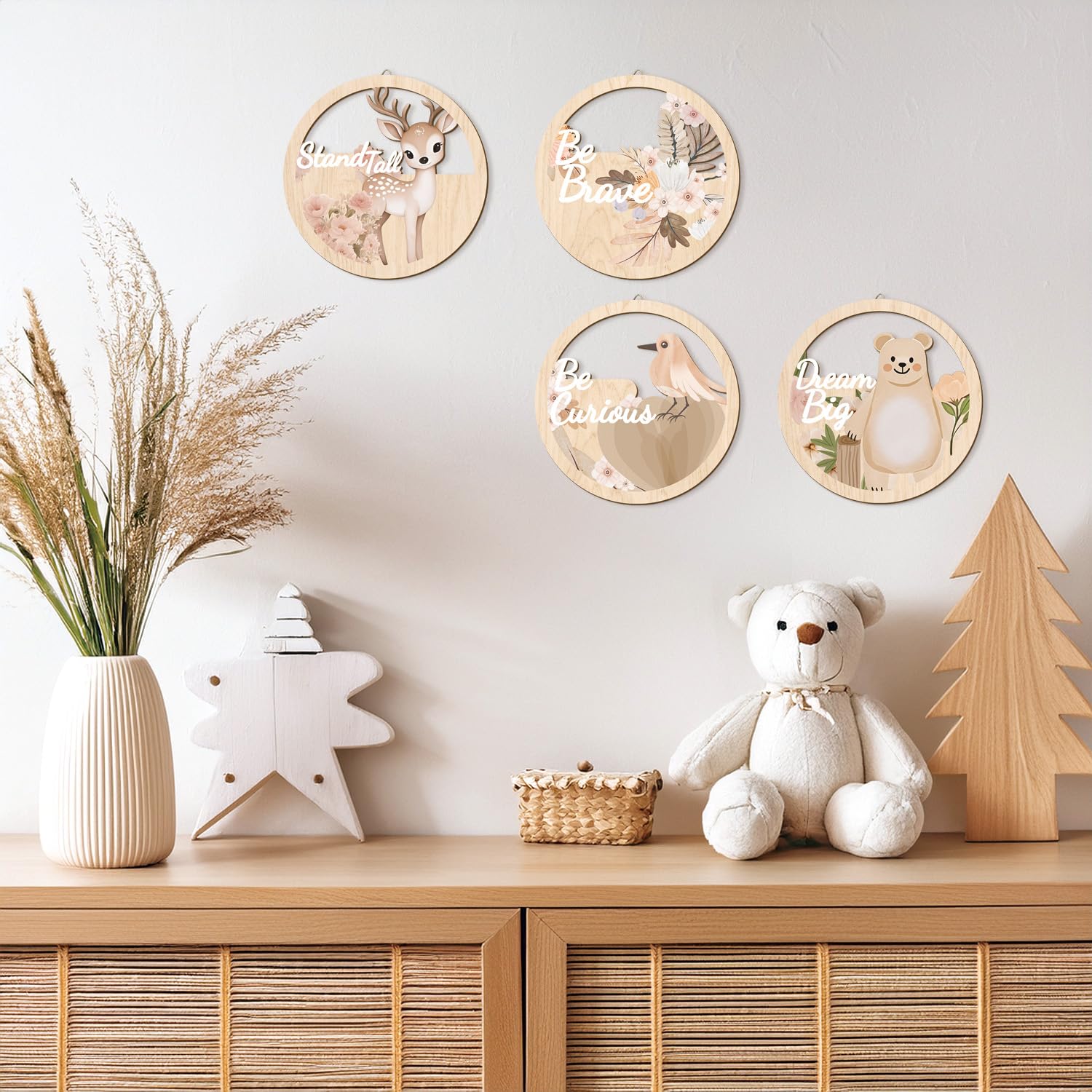 HPNIUB 4 Pieces Jungle Animals Wall Art Decors, Motivational Wall Art for Kids Playroom, Safari Baby Animals Room Wood Sign, For