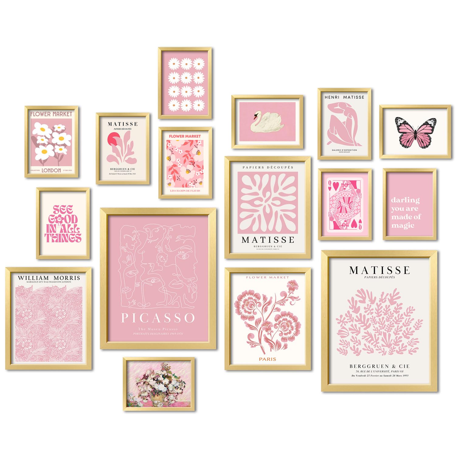 ANERZA 16 PCS Framed Pink Wall Art Decor, Matisse Wall Prints for Bedroom, Gallery Wall Frame Set, Minimalist Posters for Living