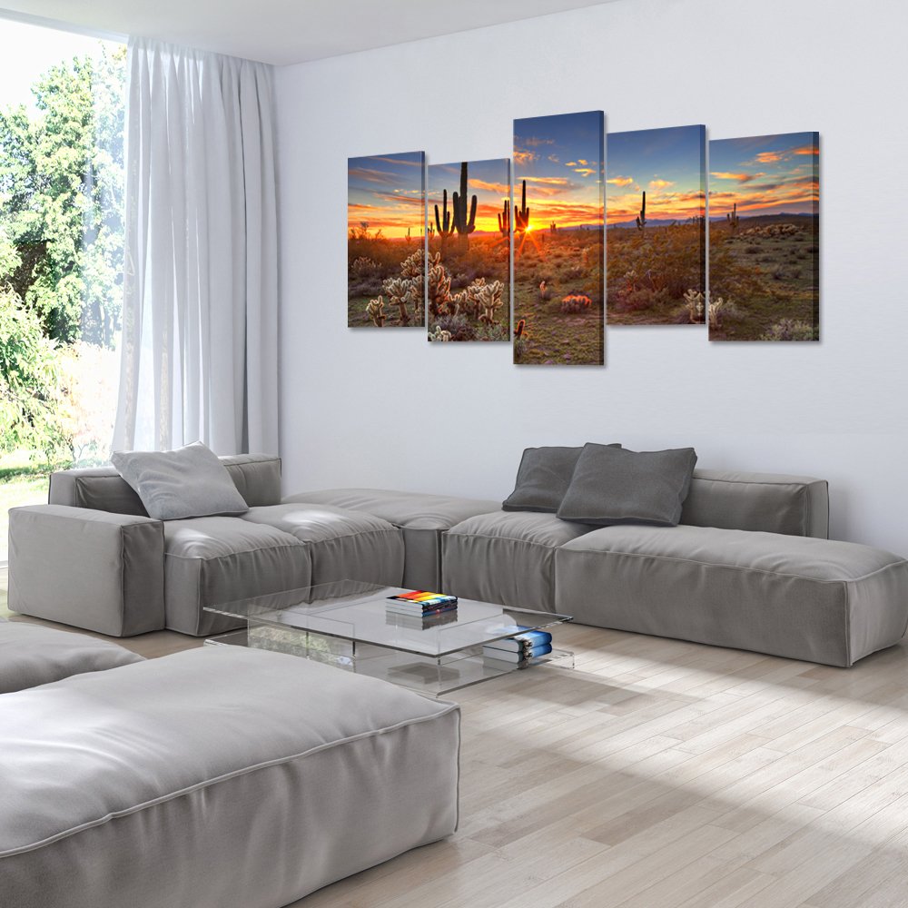 Kreative Arts - Natural Landscape Paintings Wall Art Sunset with Saguaros in Sonoran Desert 5 Pieces Picture Print on Canvas for Modern Home Decoration (Large Size 60x32inch)