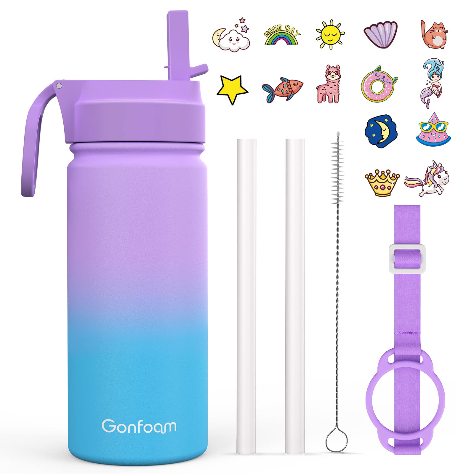 16oz Water Bottles with Straw and Stickers, Stainless Steel Vacuum Double Wall Insulated cup, Kids Water Bottle for School, Gift