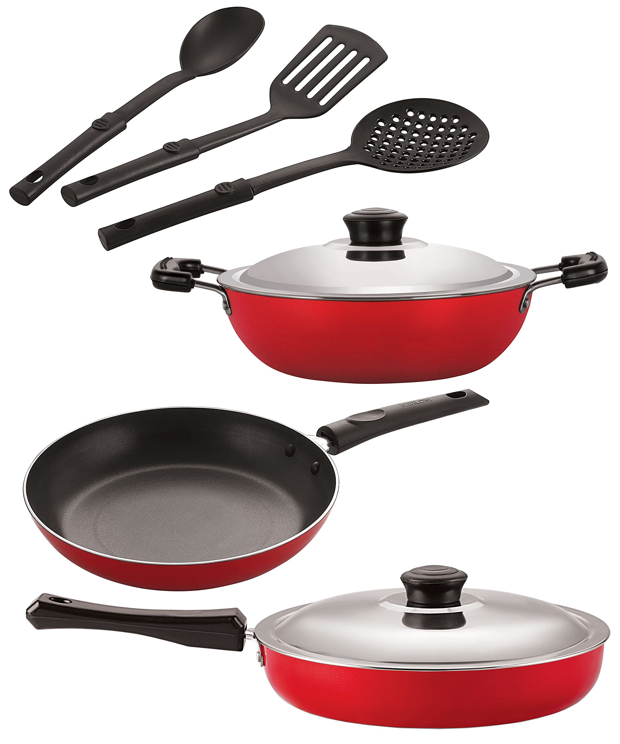 Nirlon Aluminium Nonstick Coated 6 Pcs Set Of Deep Kadhai22Cm,Tapper Pan22Cm,Fry Pan24Cm & 3 Spoon (2.6Mm_Dkd(M)_Tp_Fp12_3Spn