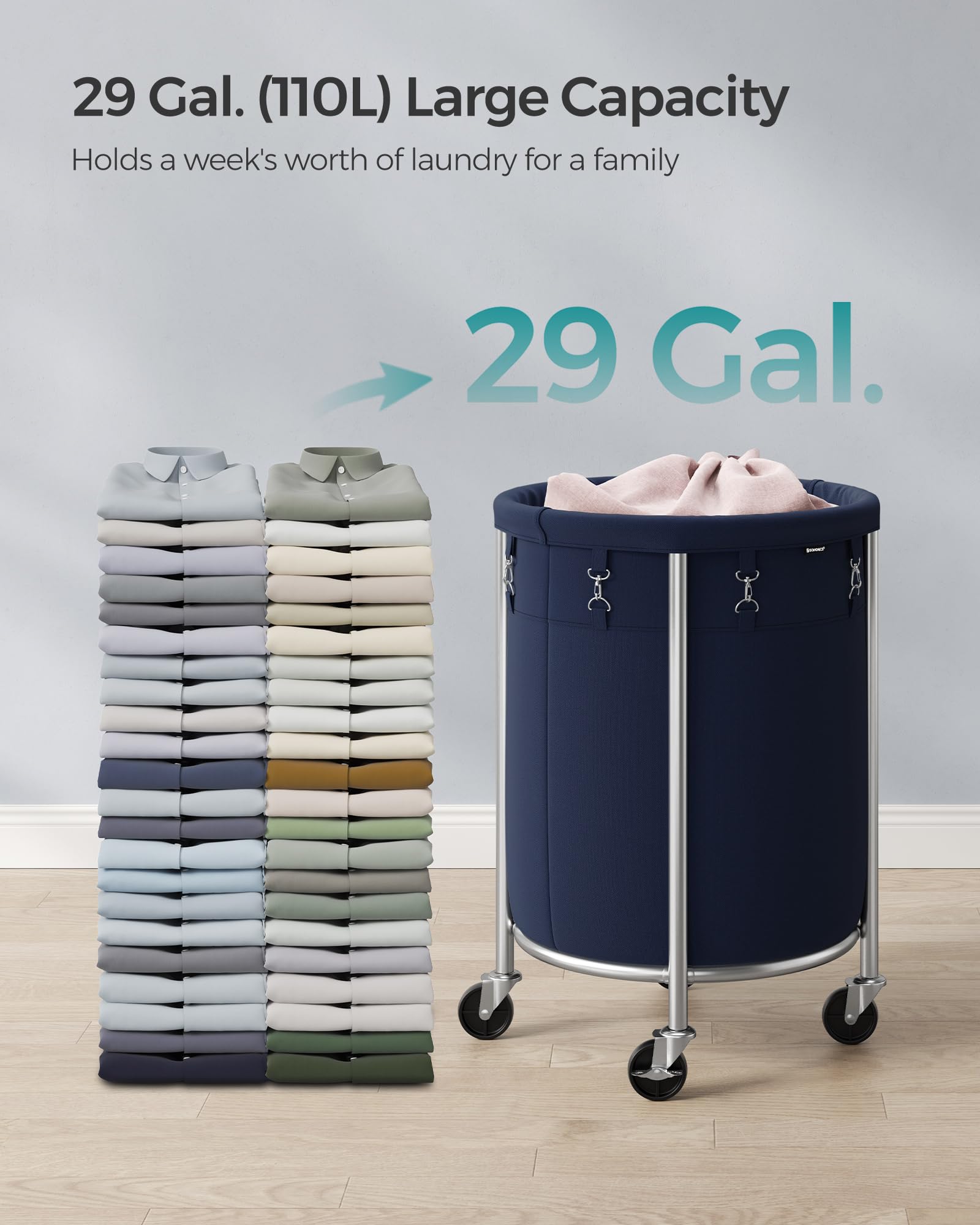 Songmics Laundry Basket With Casters, Rolling Laundry Hamper, 29 Gal., Round Laundry Cart With Steel Frame And Removable Bag, 4