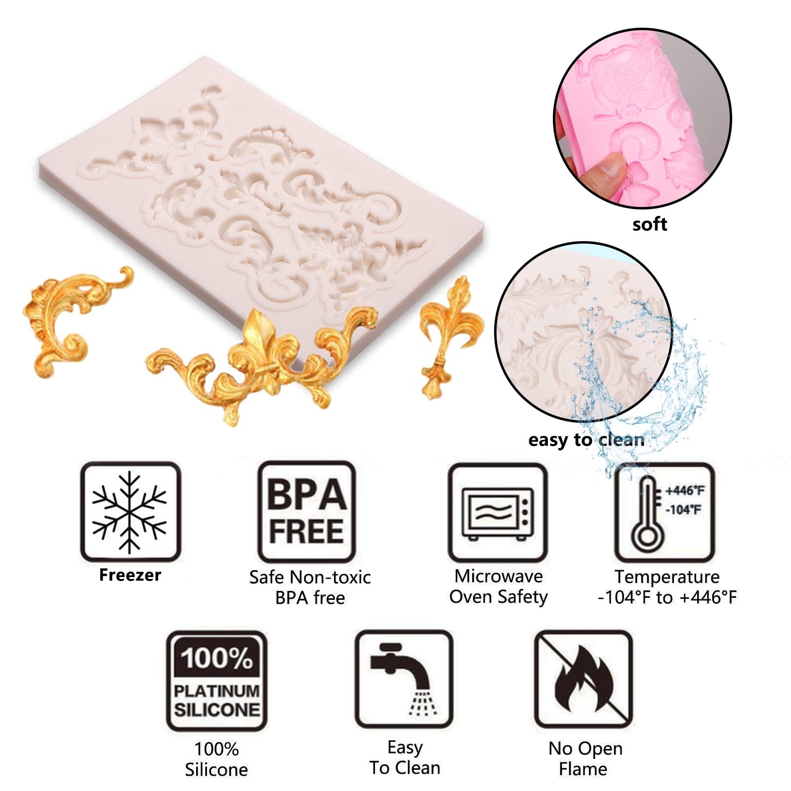 Baroque Feather Chocolate Molds Silicone, Scroll Relief Border Fondant Molds, For Wedding Party Cake Decoration, Cupcake Toppers